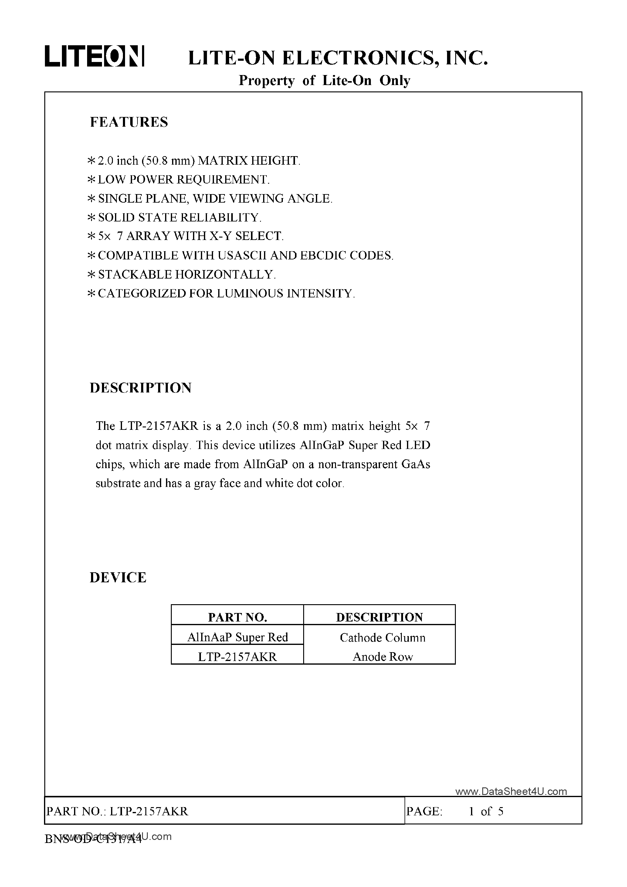 Даташит на микросхему LTP-2157AKR страница 1 Даташит LTP-2157AKR - 5 X 7 DOT MATRIX LED DISPLAY страница 1