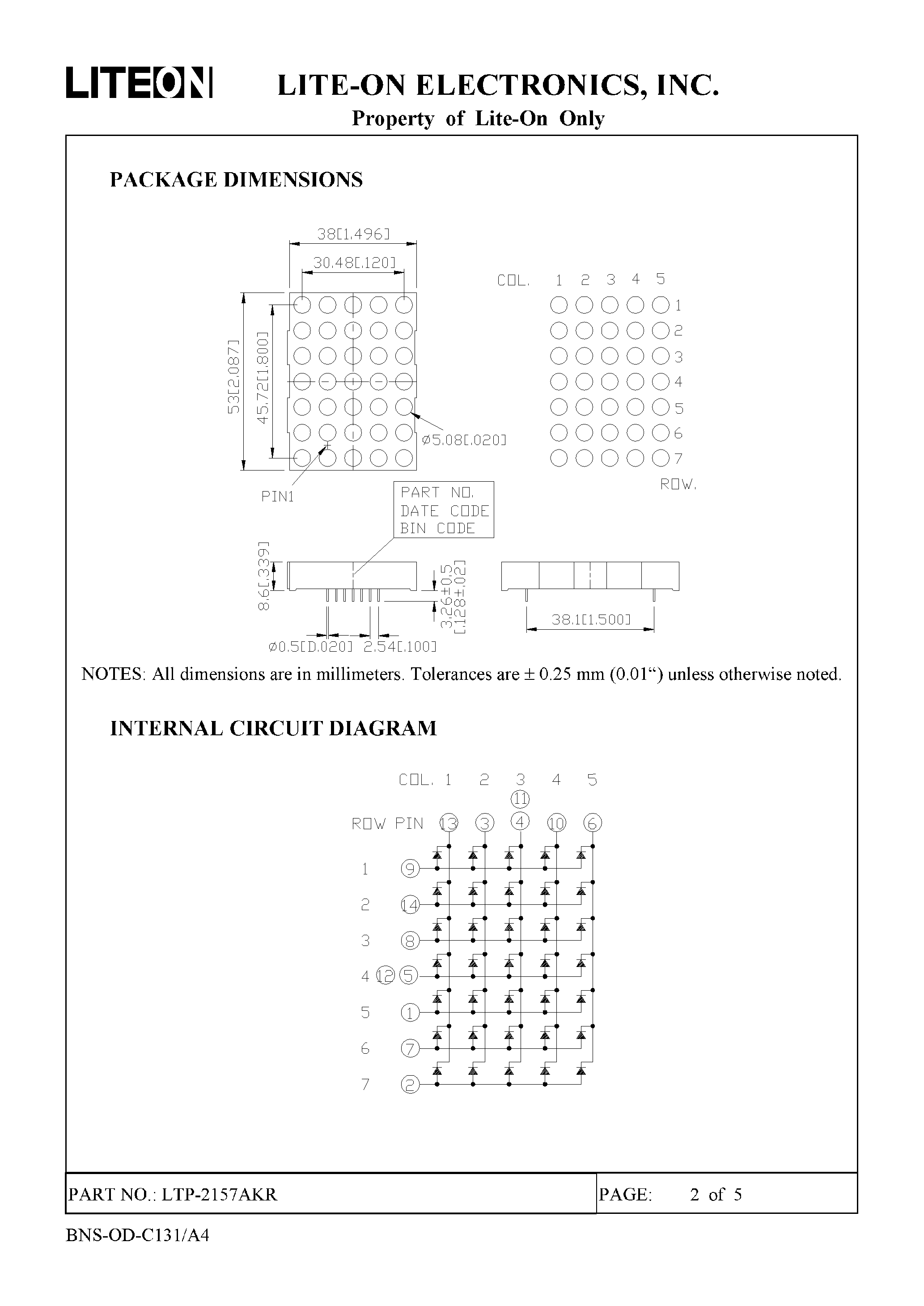 Даташит на микросхему LTP-2157AKR страница 2 Даташит LTP-2157AKR - 5 X 7 DOT MATRIX LED DISPLAY страница 2
