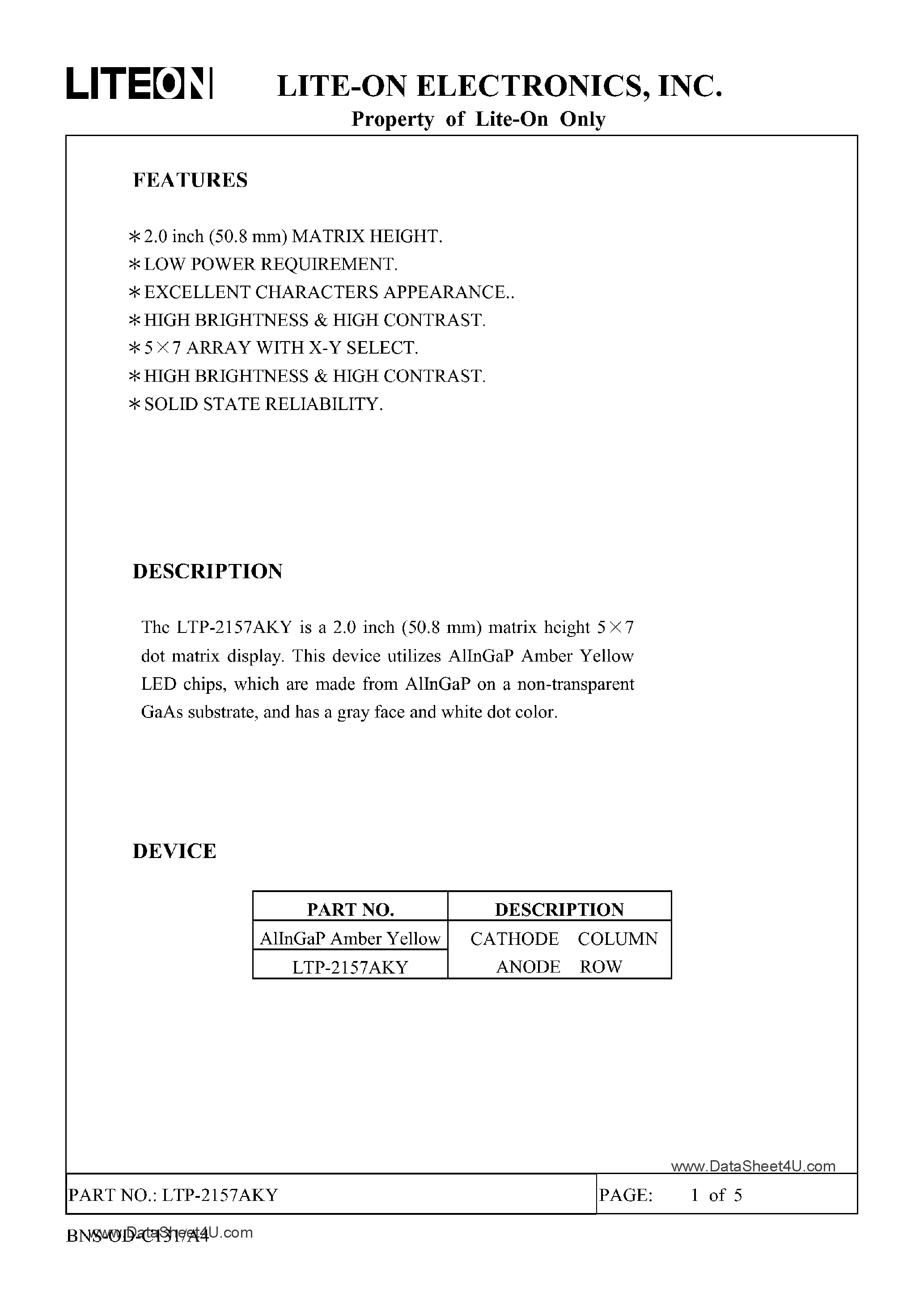Даташит на микросхему LTP-2157AKY страница 1 Даташит LTP-2157AKY - 5 X 7 DOT MATRIX LED DISPLAY страница 1
