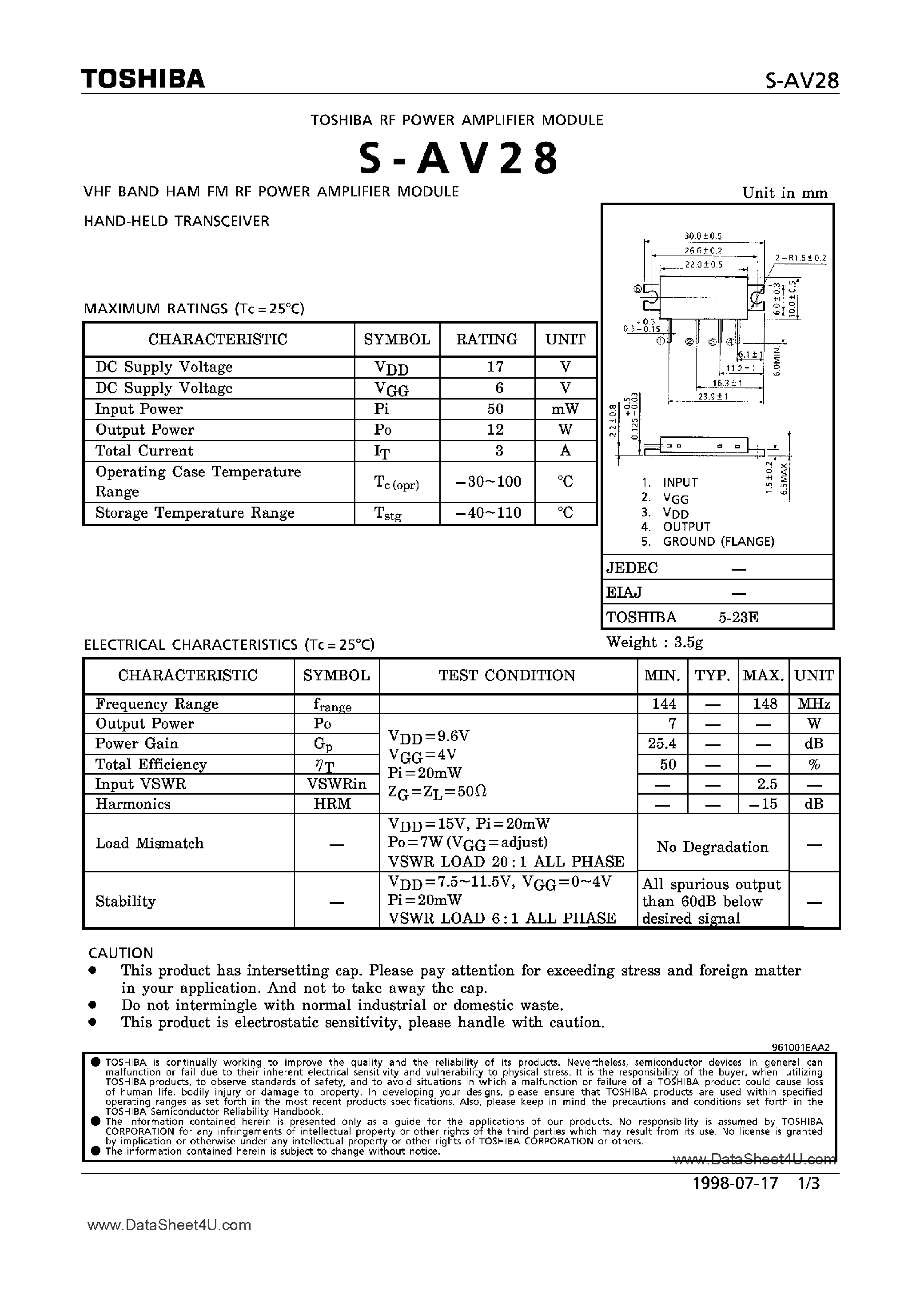 Datasheet S-AV28 page 1 Datasheet S-AV28 - VHF Band HAM FM RF Power Amplifier Module page 1