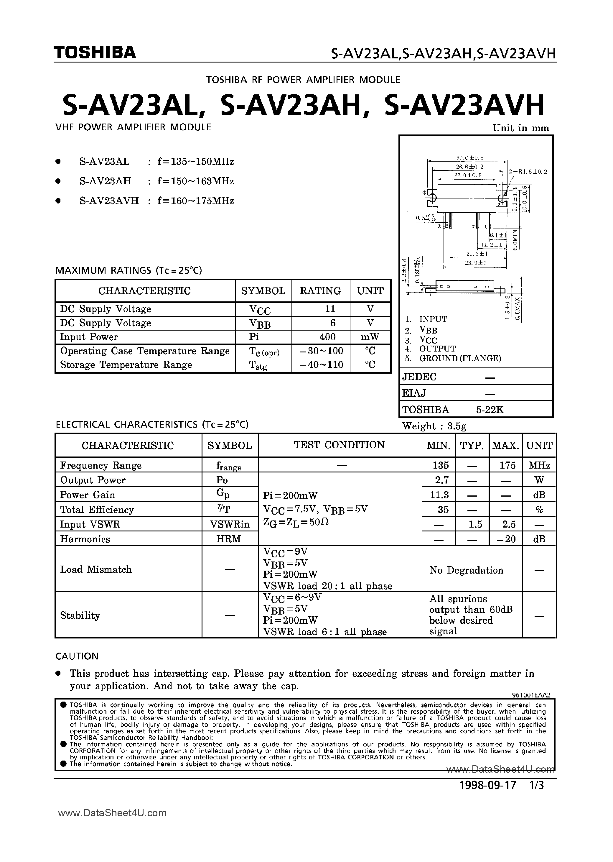 Даташит на микросхему S-AV23AH страница 1 Даташит S-AV23AH - (S-AV23xx) VHF Power Amplifier Module страница 1