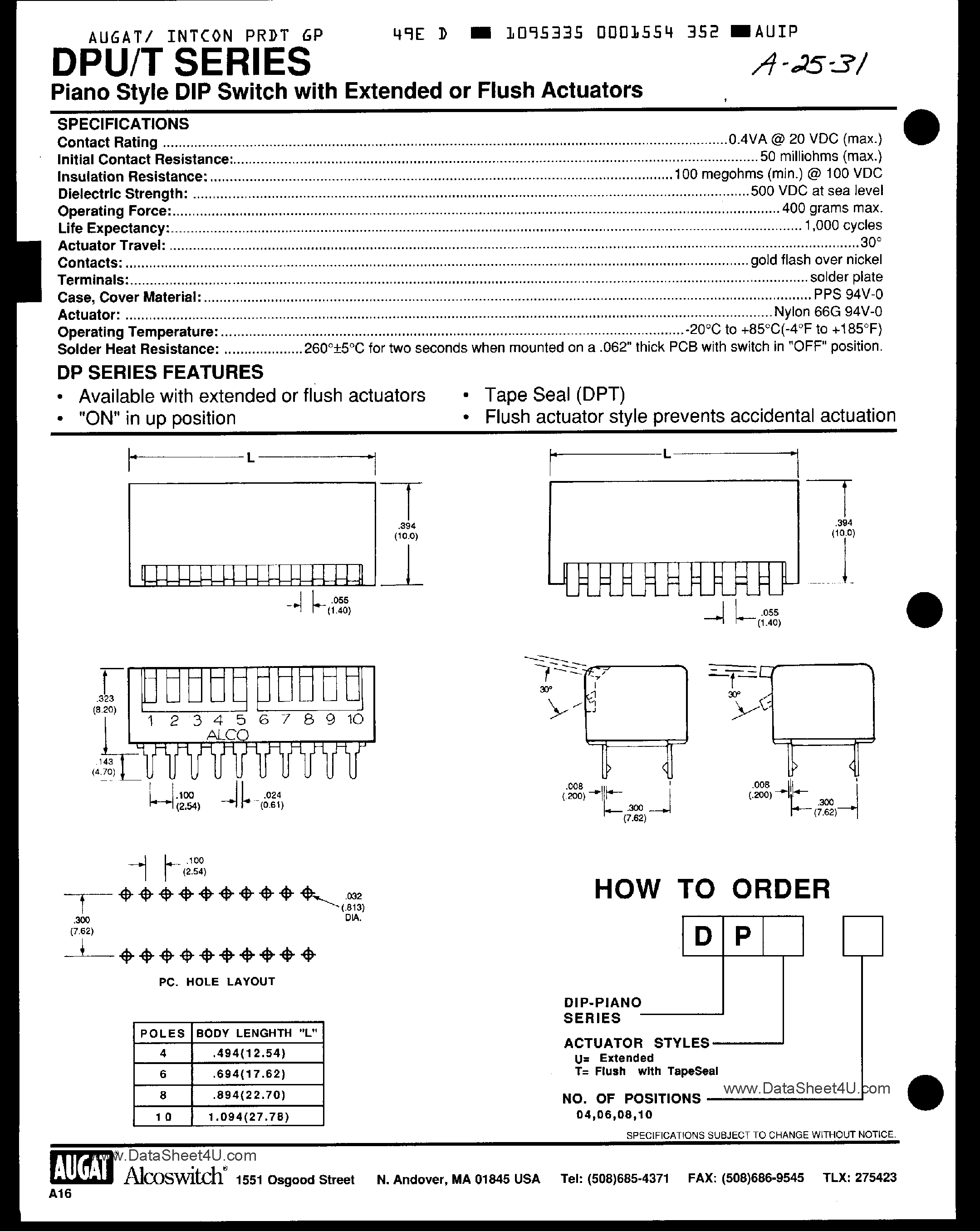 Даташит на микросхему DPT04 страница 1 Даташит DPT04 - (DPTxx) Piano Style DIP Switch страница 1