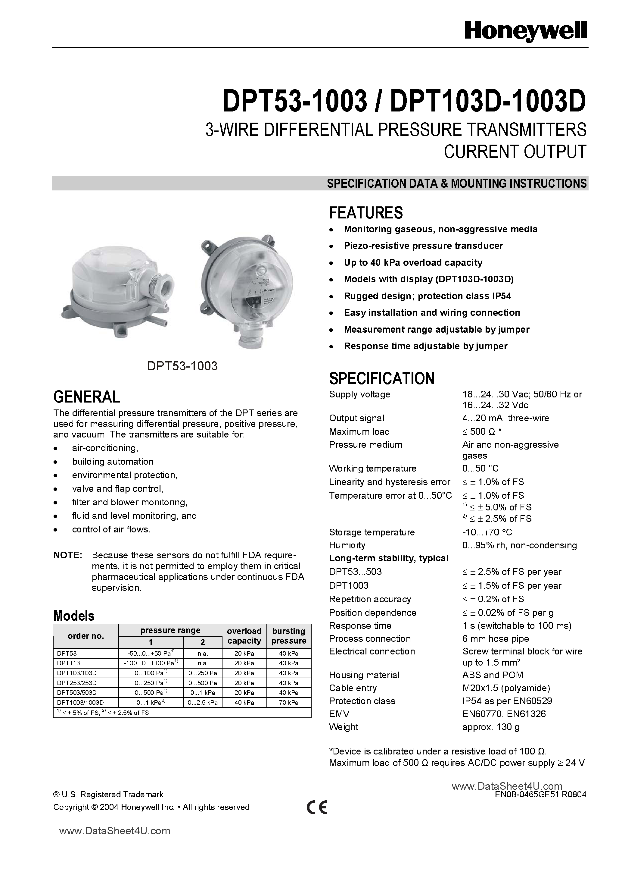 Datasheet DPT103D-1003D - (DPTxxx) 3-Wire Differential Pressure Transmitters Current Output page 1