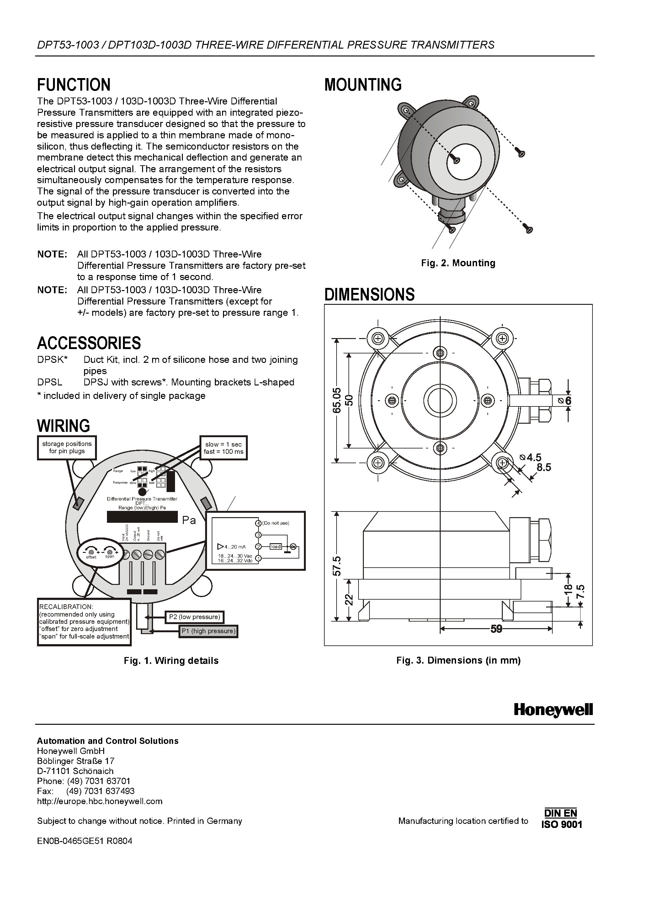 Datasheet DPT103D-1003D - (DPTxxx) 3-Wire Differential Pressure Transmitters Current Output page 2