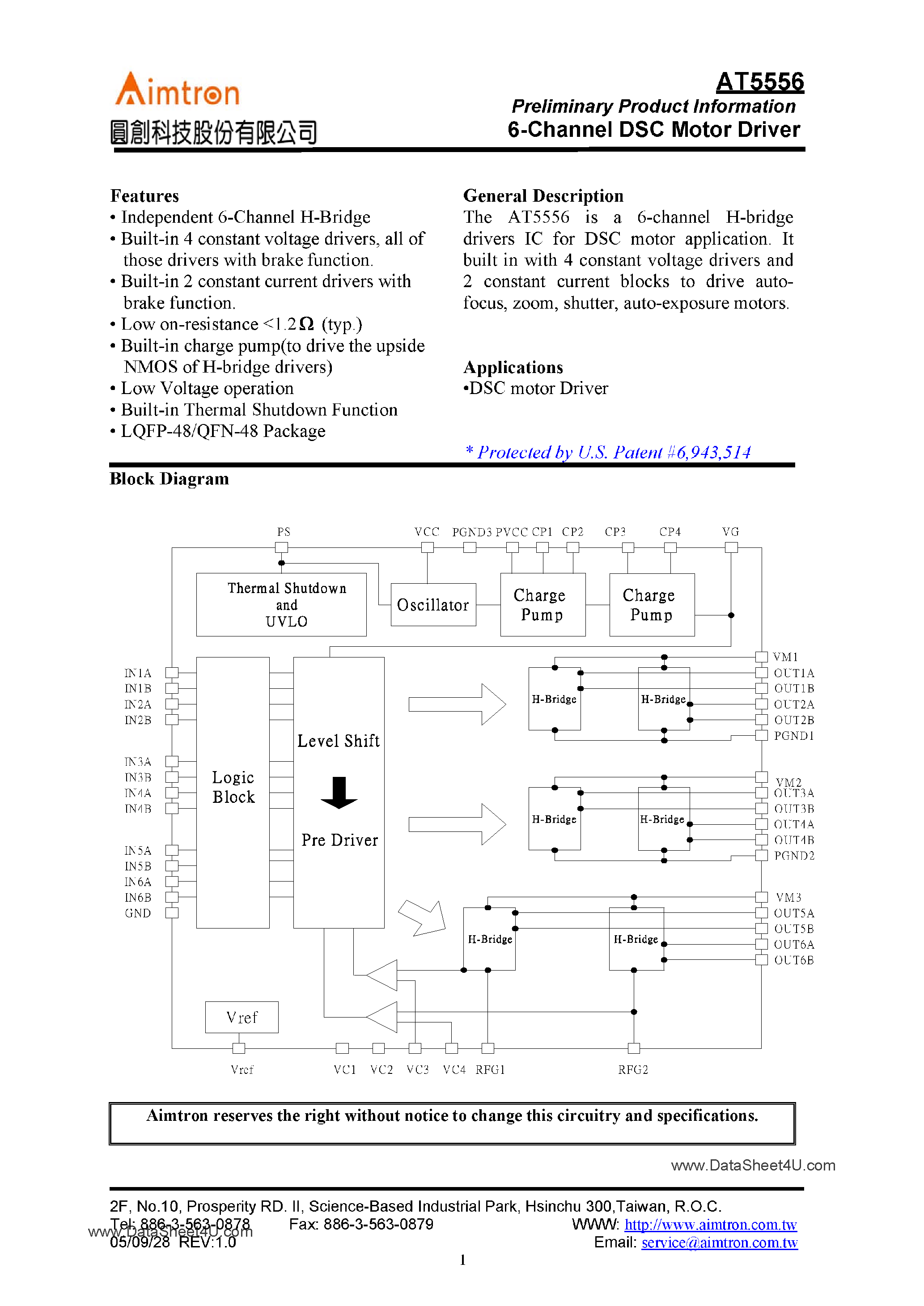 Datasheet AT5556 page 1 Datasheet AT5556 - 6-CHANNEL DSC MOTOR DRIVER page 1