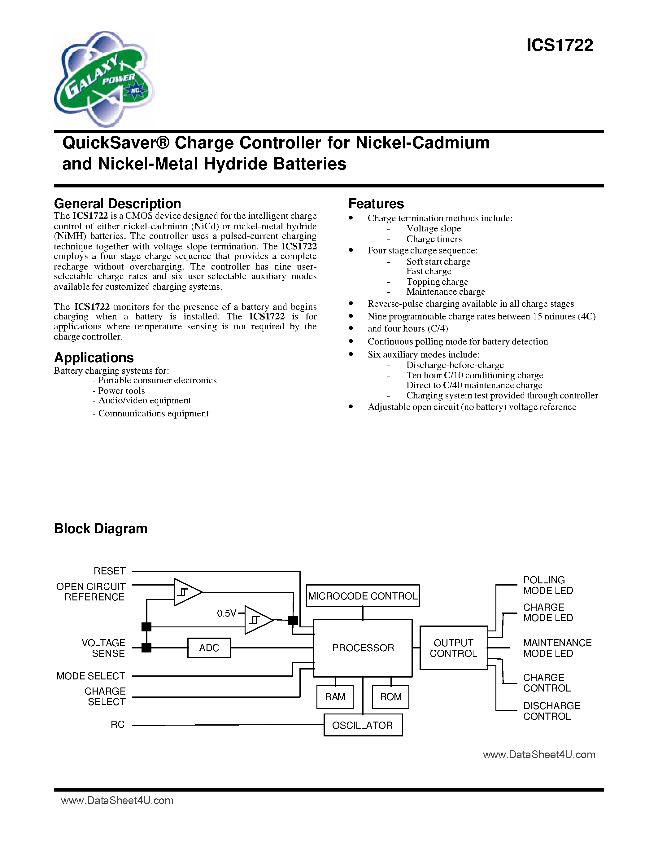 Datasheet ICS1722 - 16 Pin Quicksaver Charge Controller For Ni-cd & Ni-mh Batteries page 1