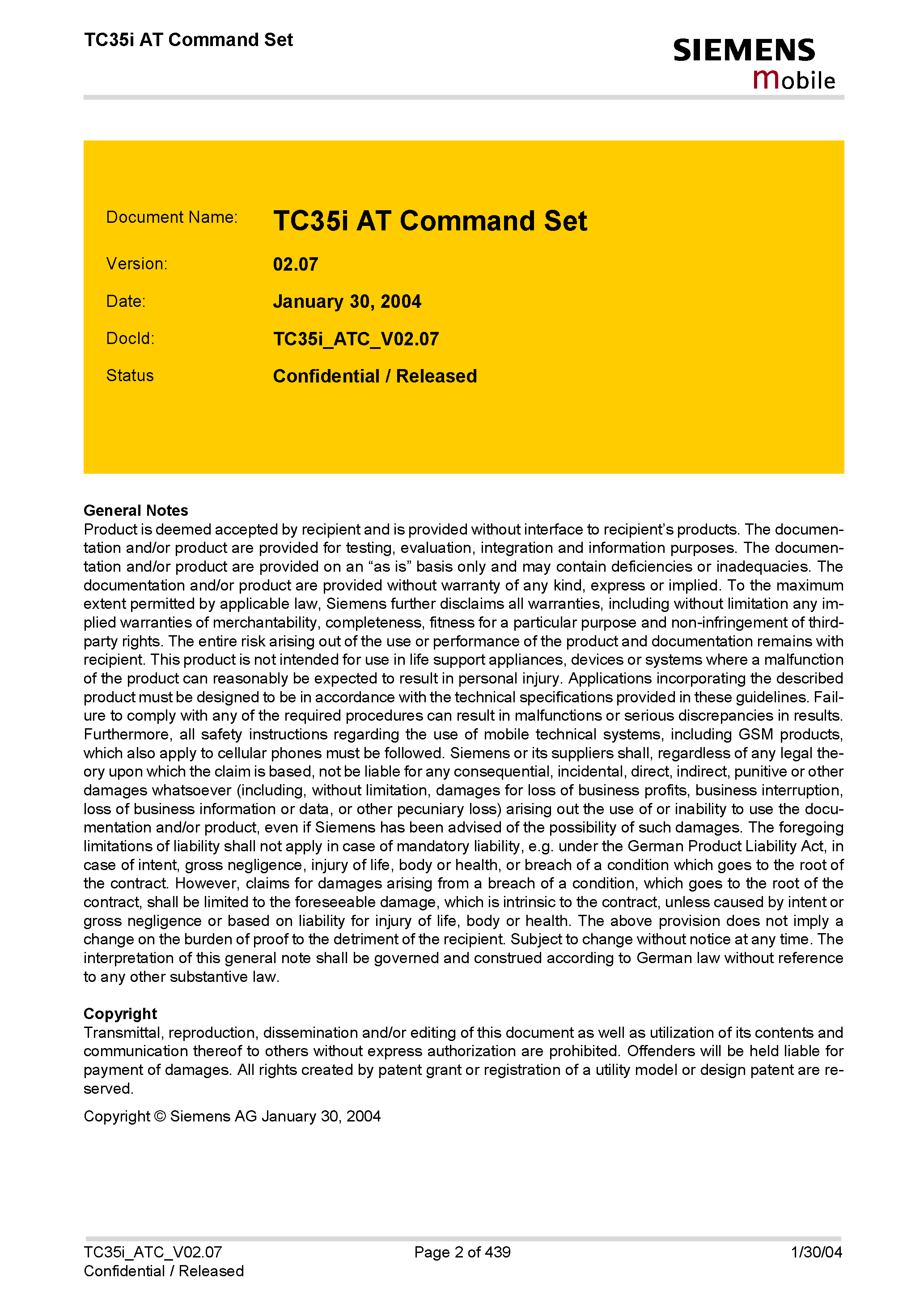 Datasheet TC35iAT page 2 Datasheet TC35iAT - Terminal page 2