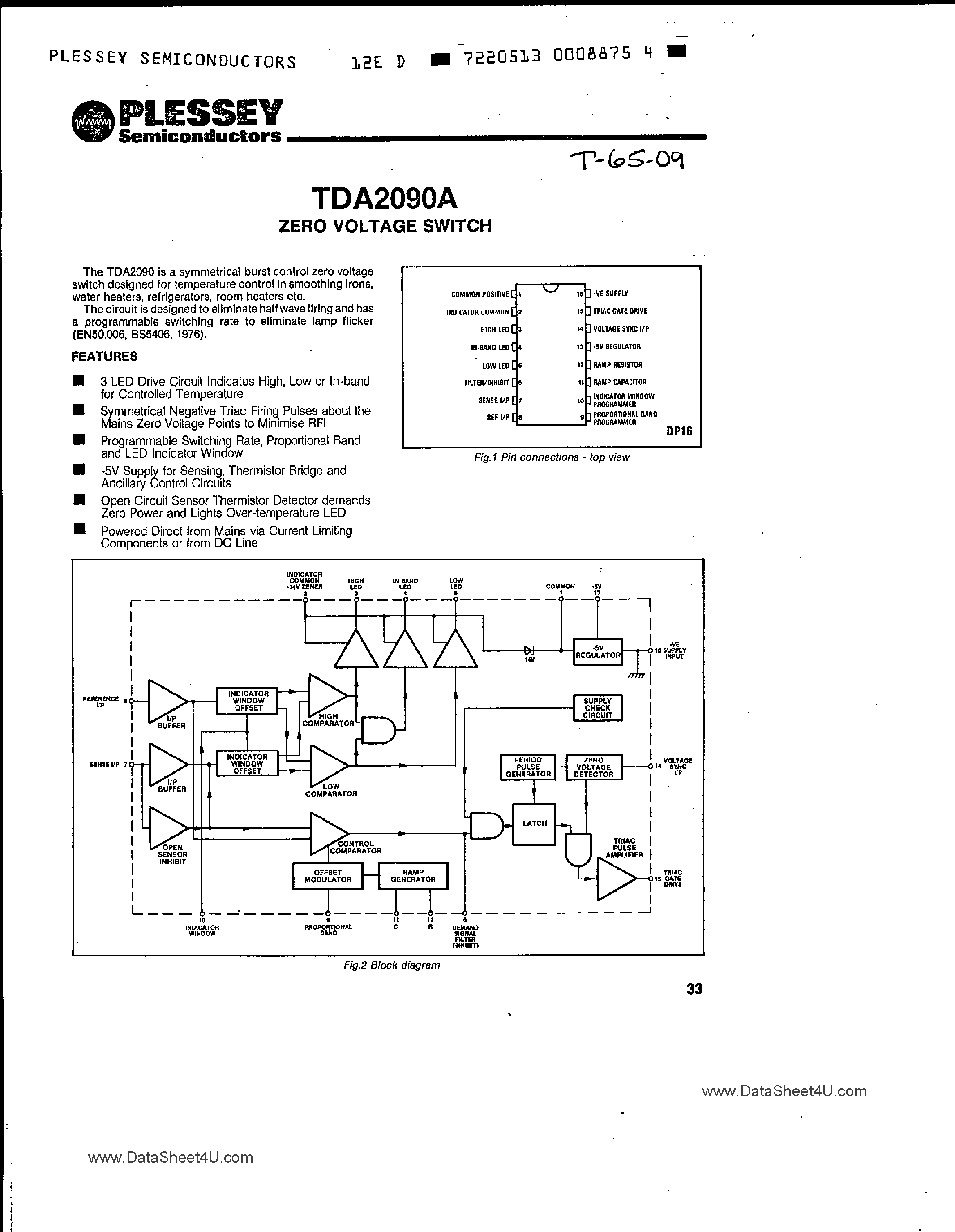 Datasheet TDA2090A page 1 Datasheet TDA2090A - Zero Voltage Switch page 1