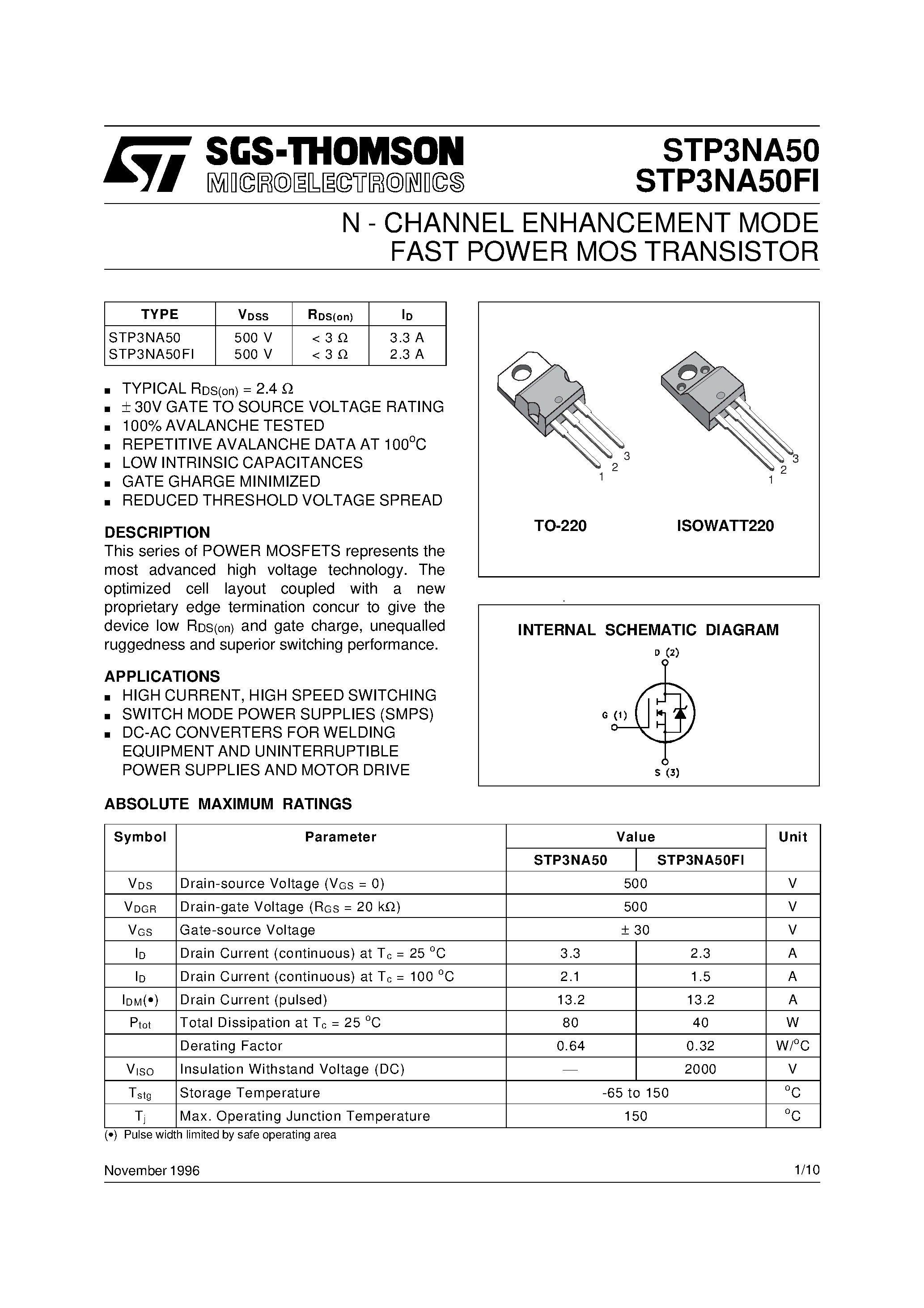 Datasheet STP3NA50 - N - CHANNEL ENHANCEMENT MODE FAST POWER MOS TRANSISTOR page 1