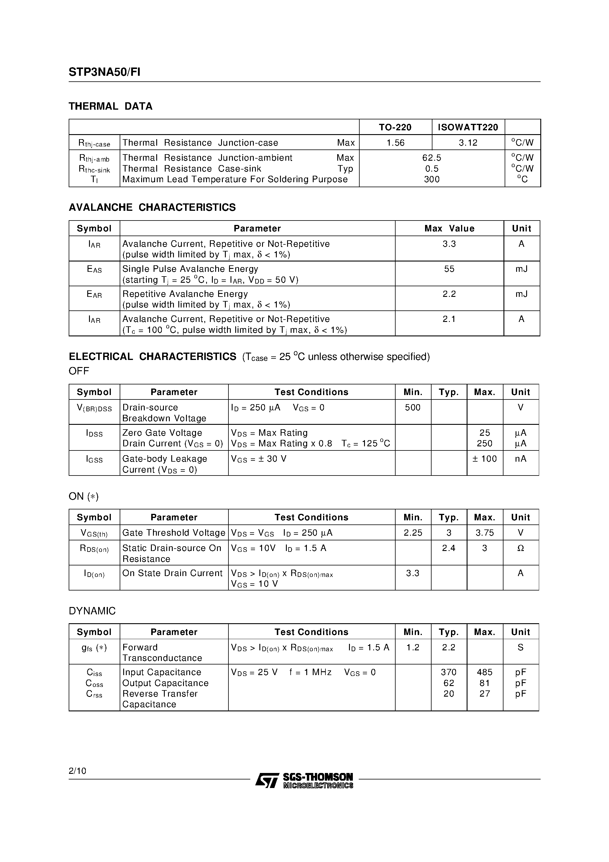 Datasheet STP3NA50 - N - CHANNEL ENHANCEMENT MODE FAST POWER MOS TRANSISTOR page 2
