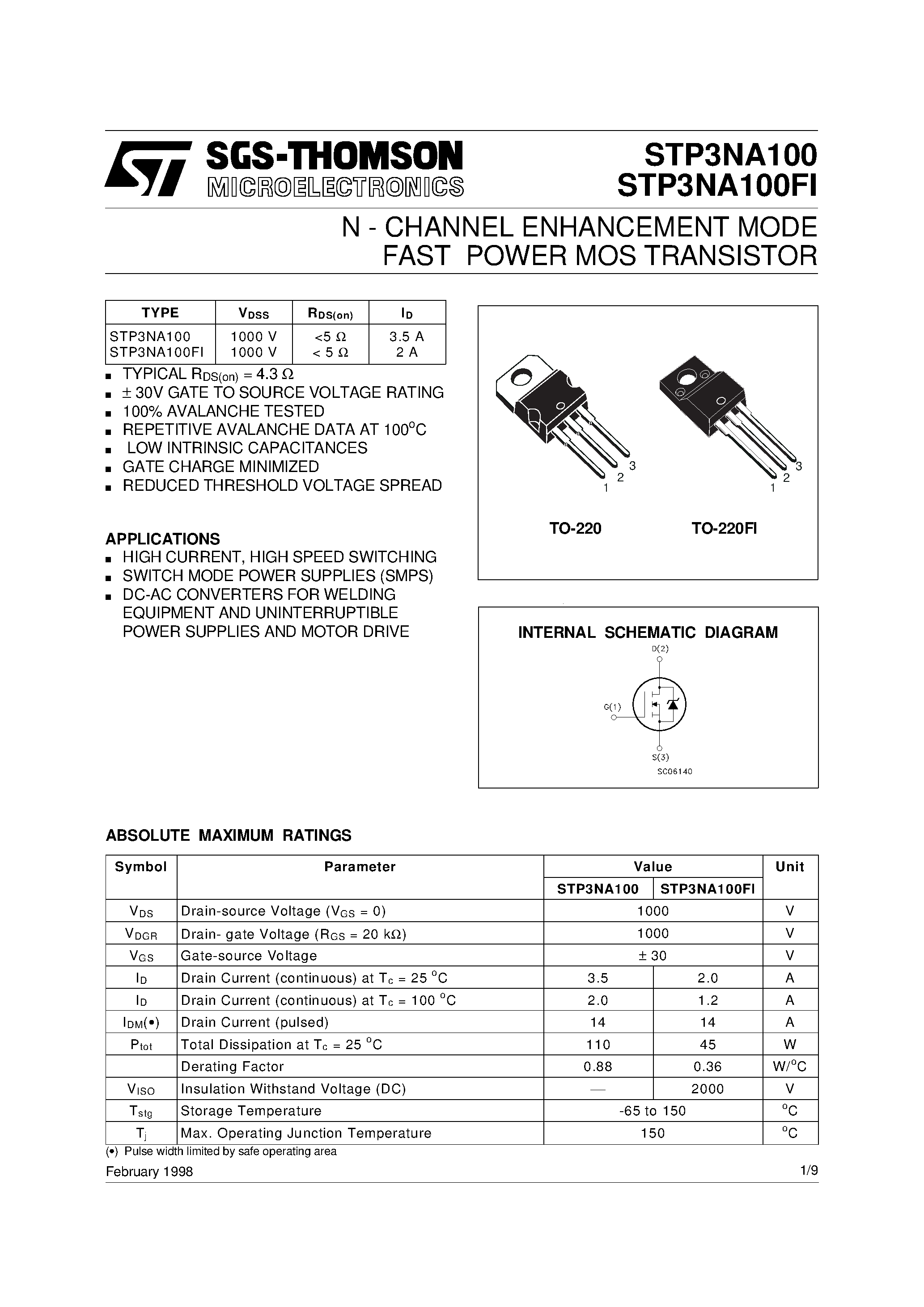 Datasheet STP3NA100 - N - CHANNEL ENHANCEMENT MODE FAST POWER MOS TRANSISTOR page 1