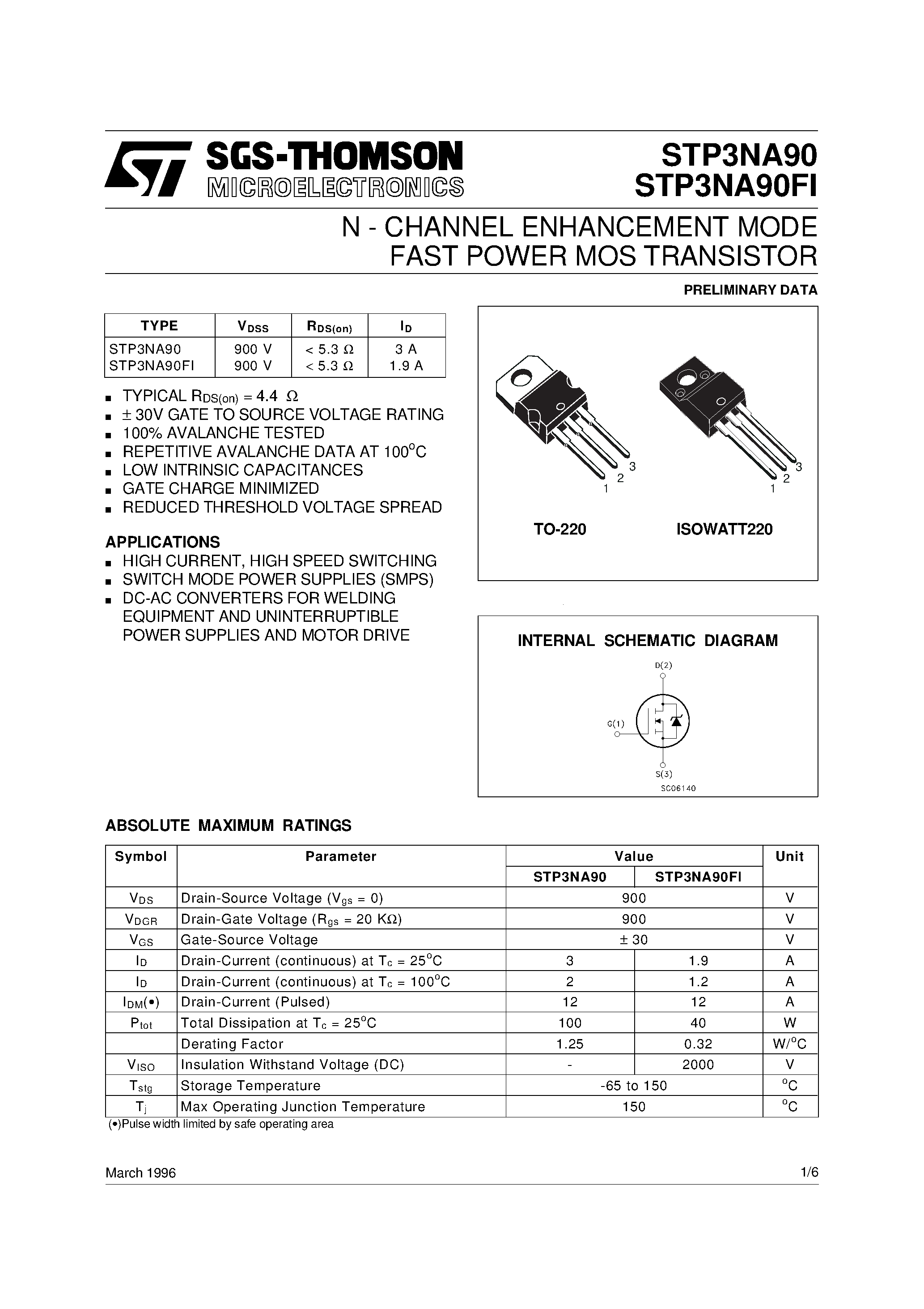 Datasheet STP3NA90 - N - CHANNEL ENHANCEMENT MODE FAST POWER MOS TRANSISTOR page 1