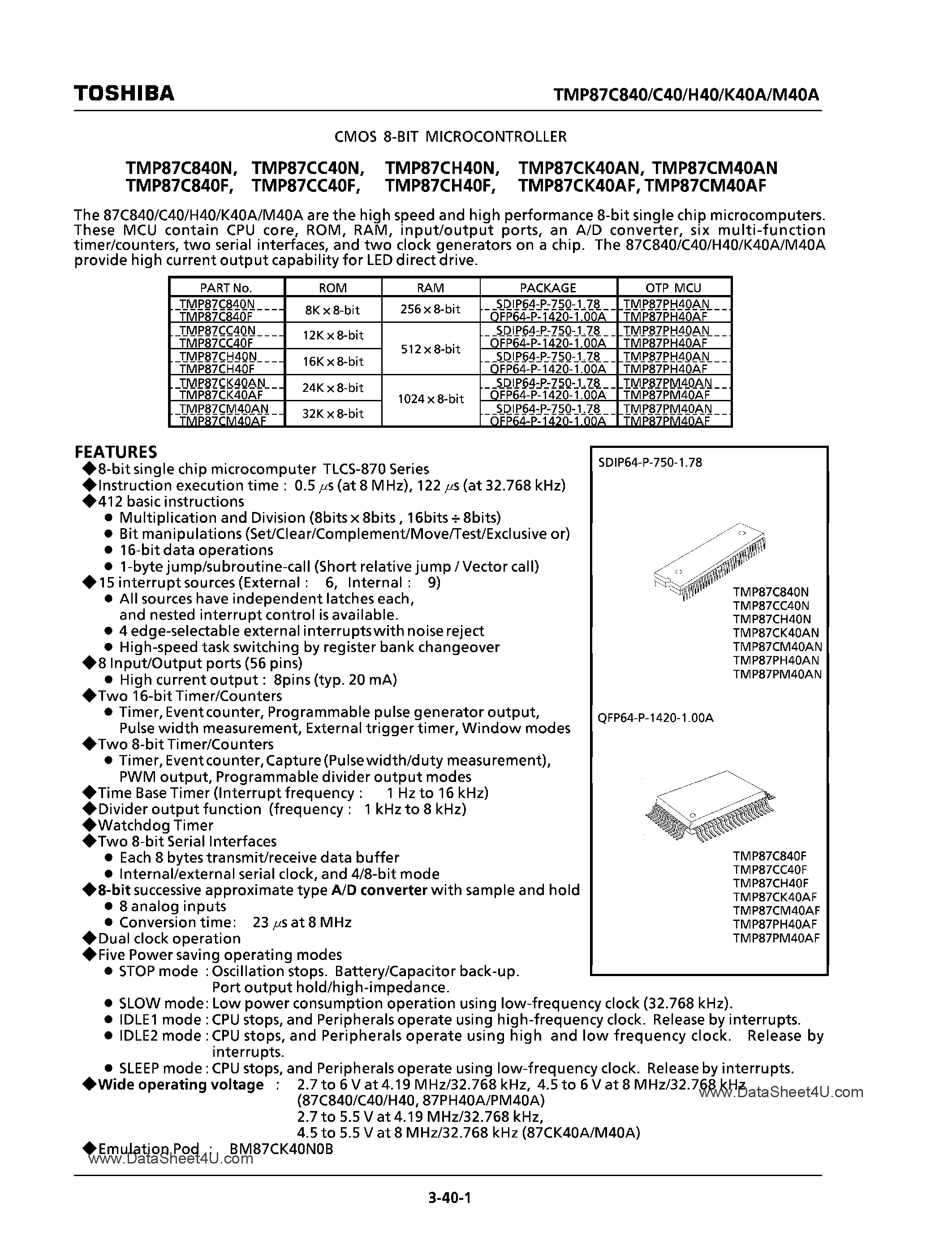 Datasheet TMP87C840 - (TMP87Cx40) CMOS 8-Bit Microcontroller page 1