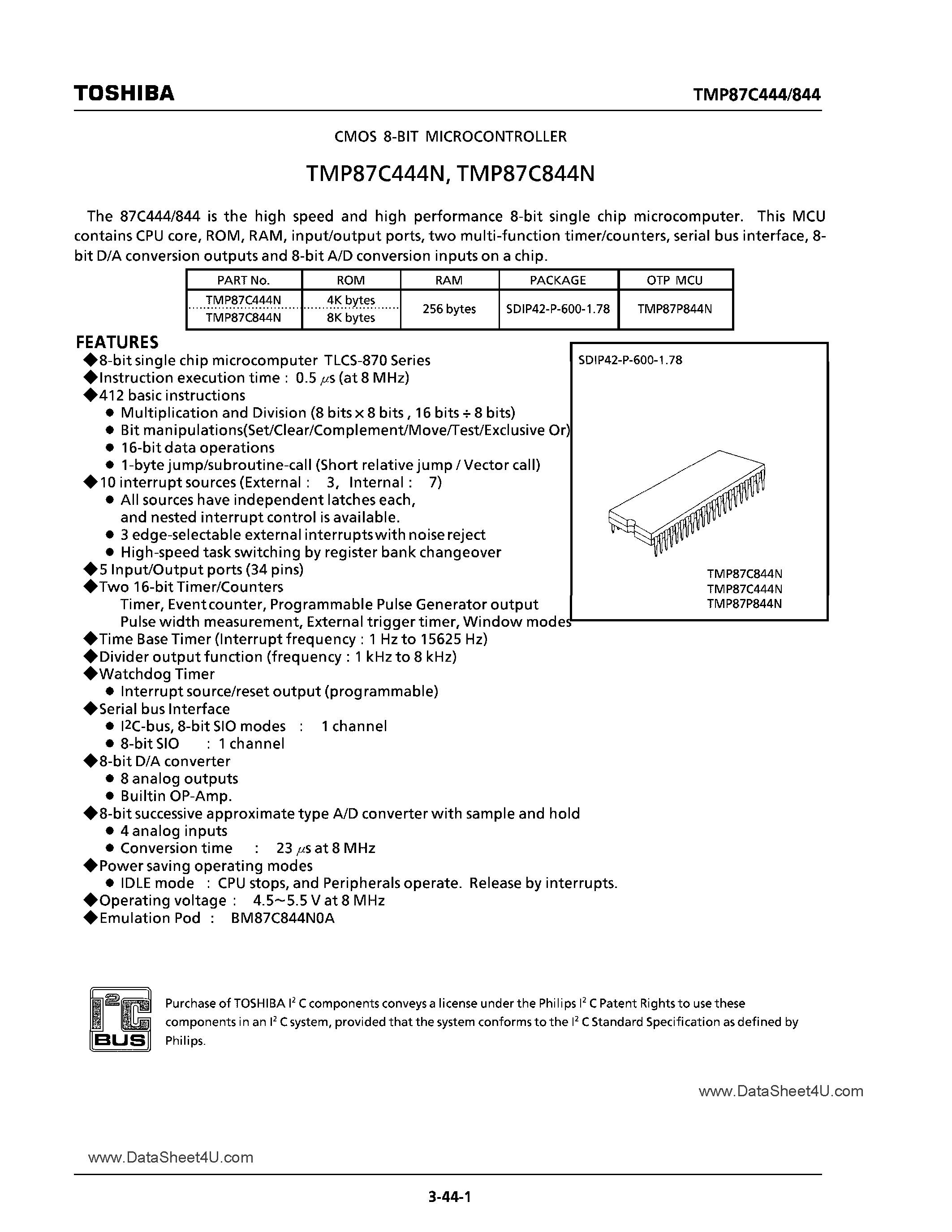 Datasheet TMP87C444 page 1 Datasheet TMP87C444 - (TMP87Cx44) CMOS 8-Bit Microcontroller page 1