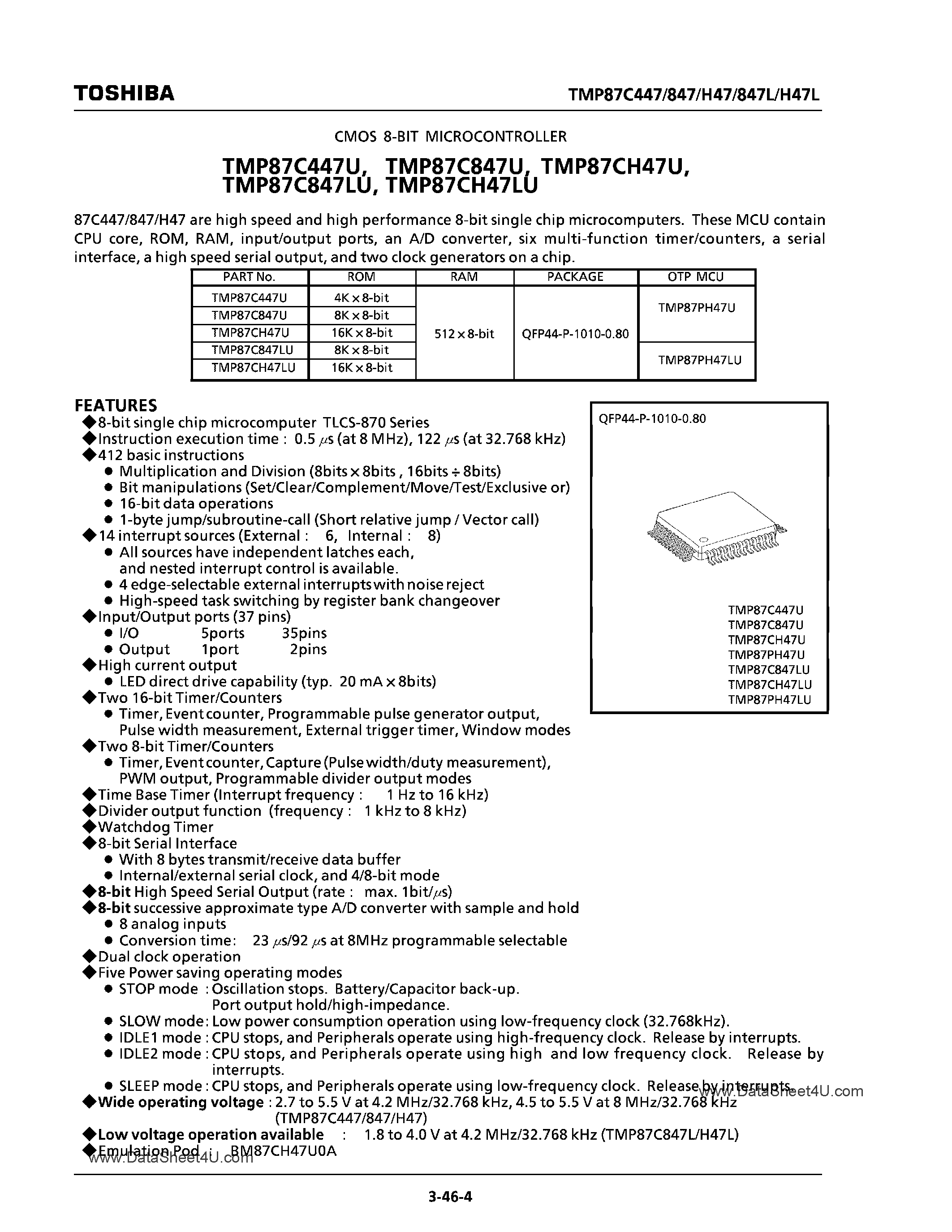 Datasheet TMP87C447 - (TMP87Cx47) CMOS 8-Bit Microcontroller page 1