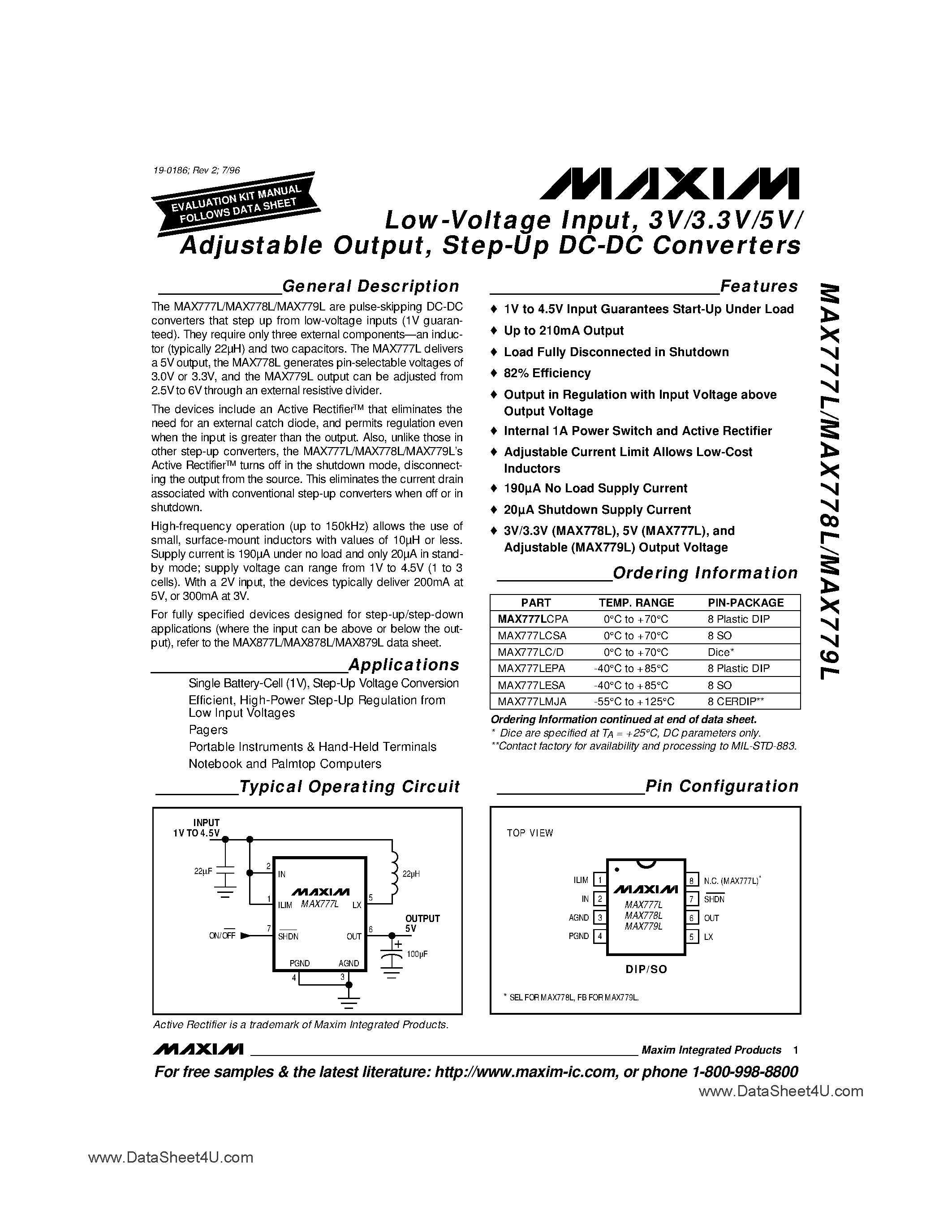 Datasheet MAX877L - (MAX877L - MAX879L) Step-Up & Down DC-DC Converters page 1
