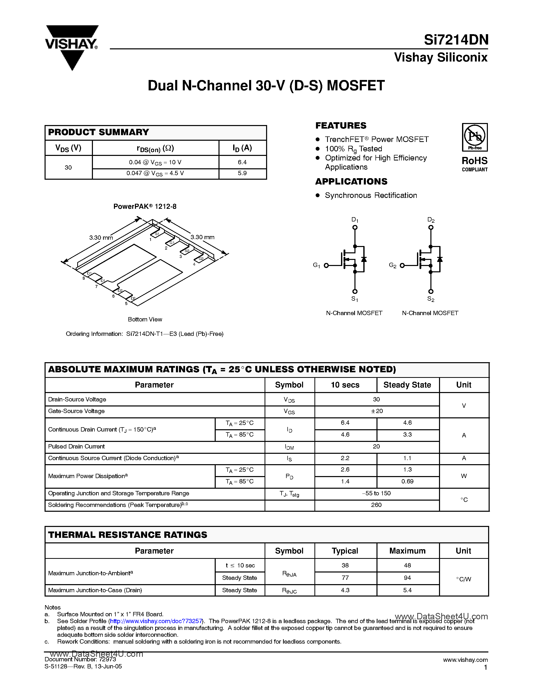 Даташит SI7214DN - Dual N-Channel 30-V (D-S) MOSFET страница 1