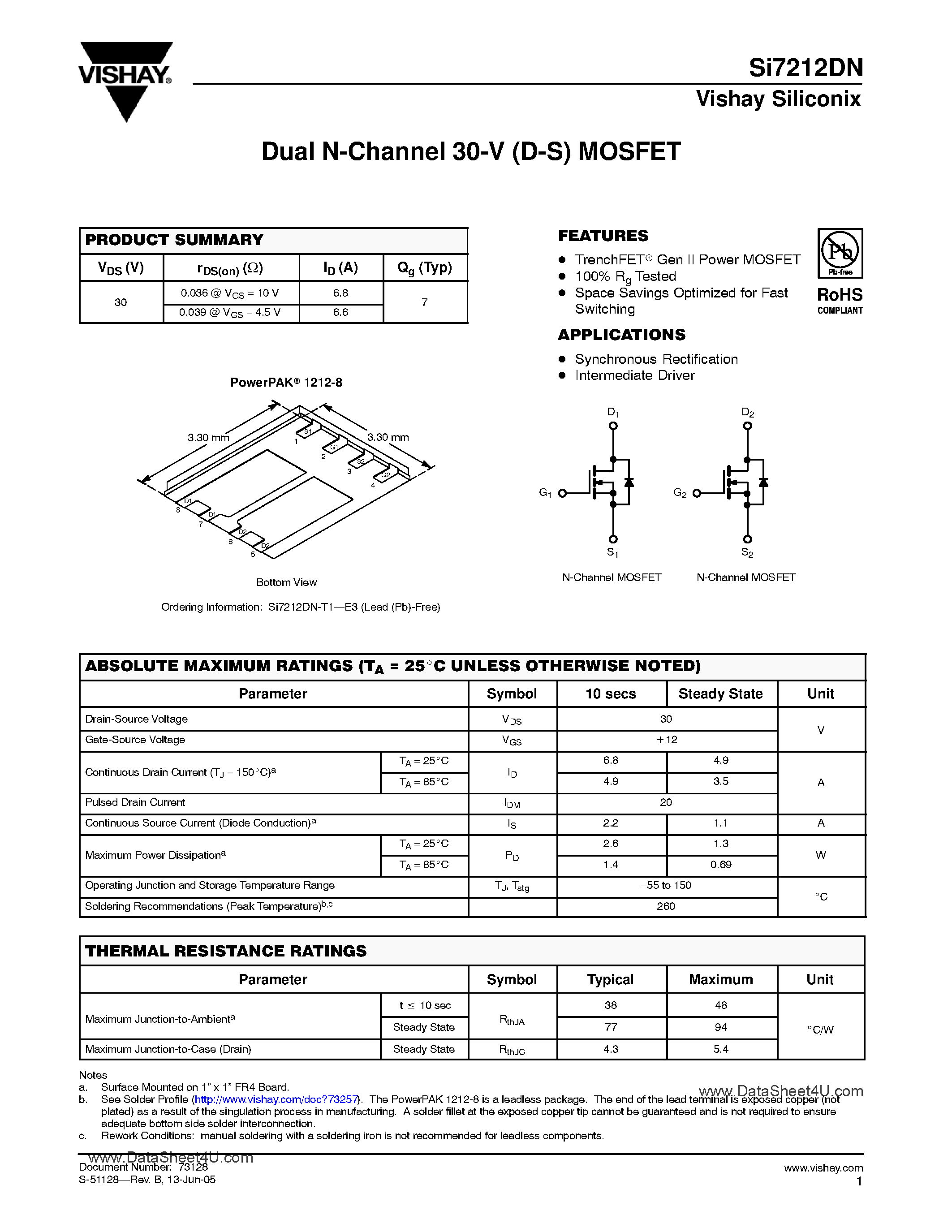 Даташит SI7212DN - Dual N-Channel 30-V (D-S) MOSFET страница 1