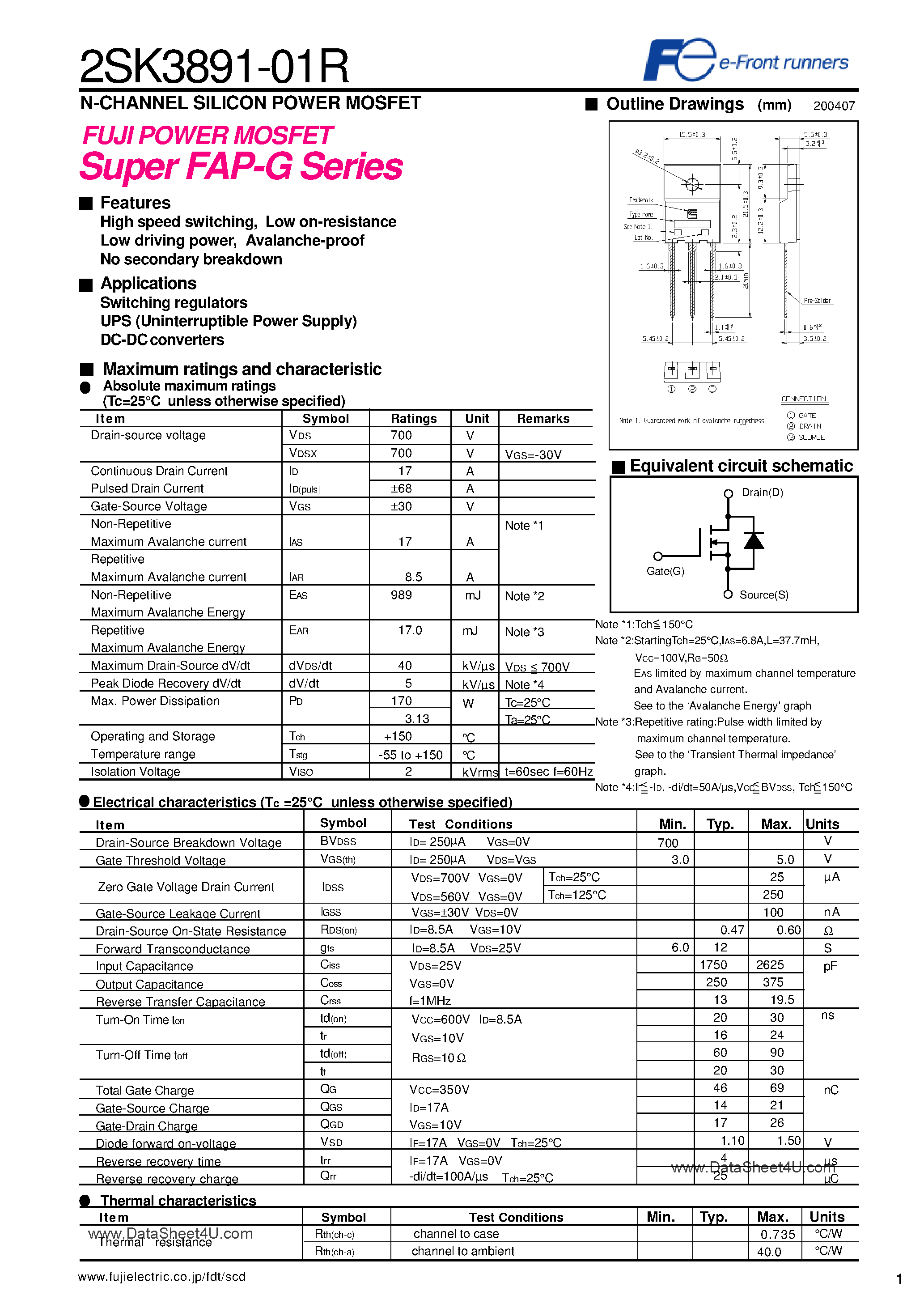 Datasheet 2SK3891-01R - Power MOSFET page 1