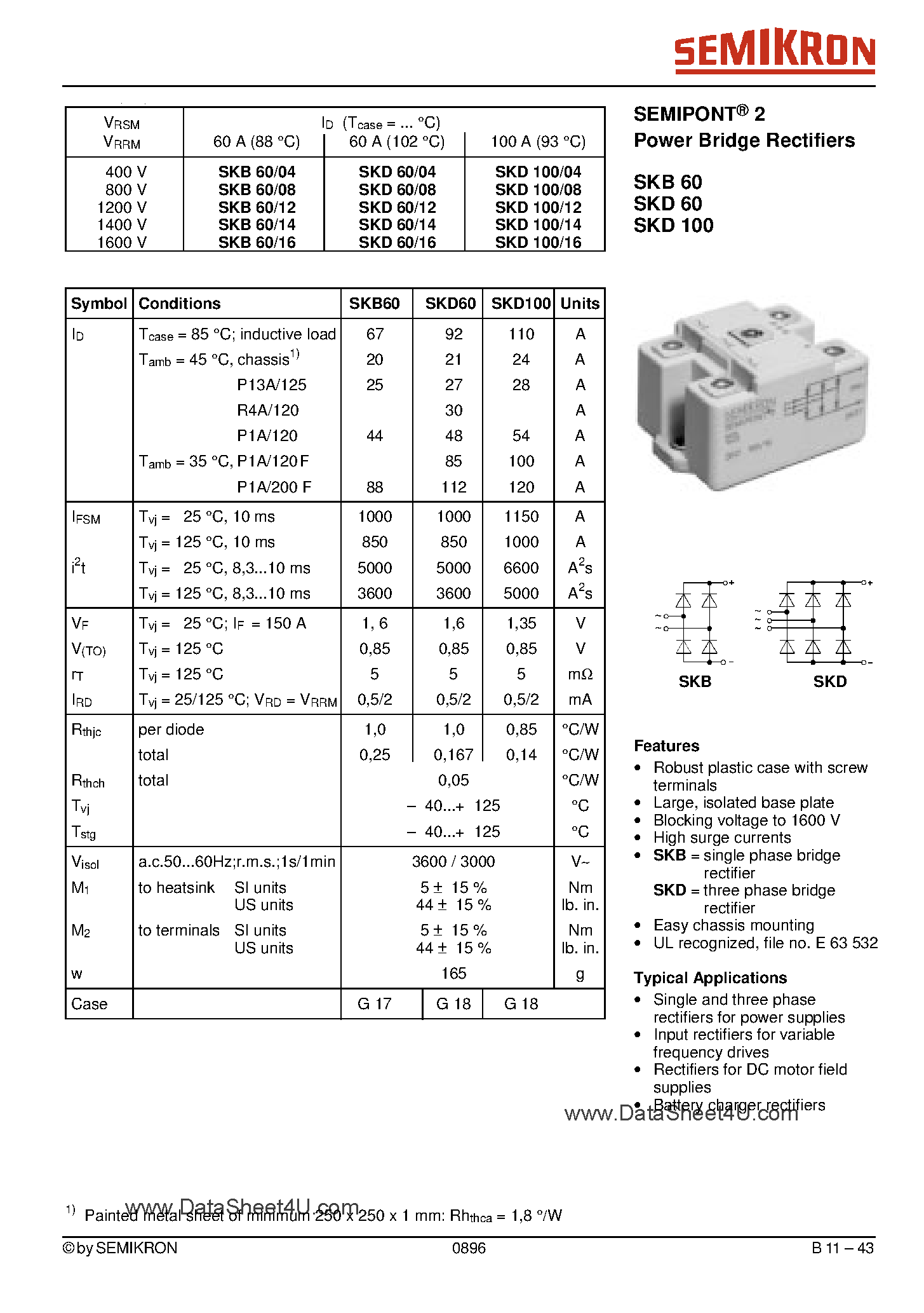 Datasheet SKD100 - (SKD60 / SKD100) Power Bridge Rectifiers page 1