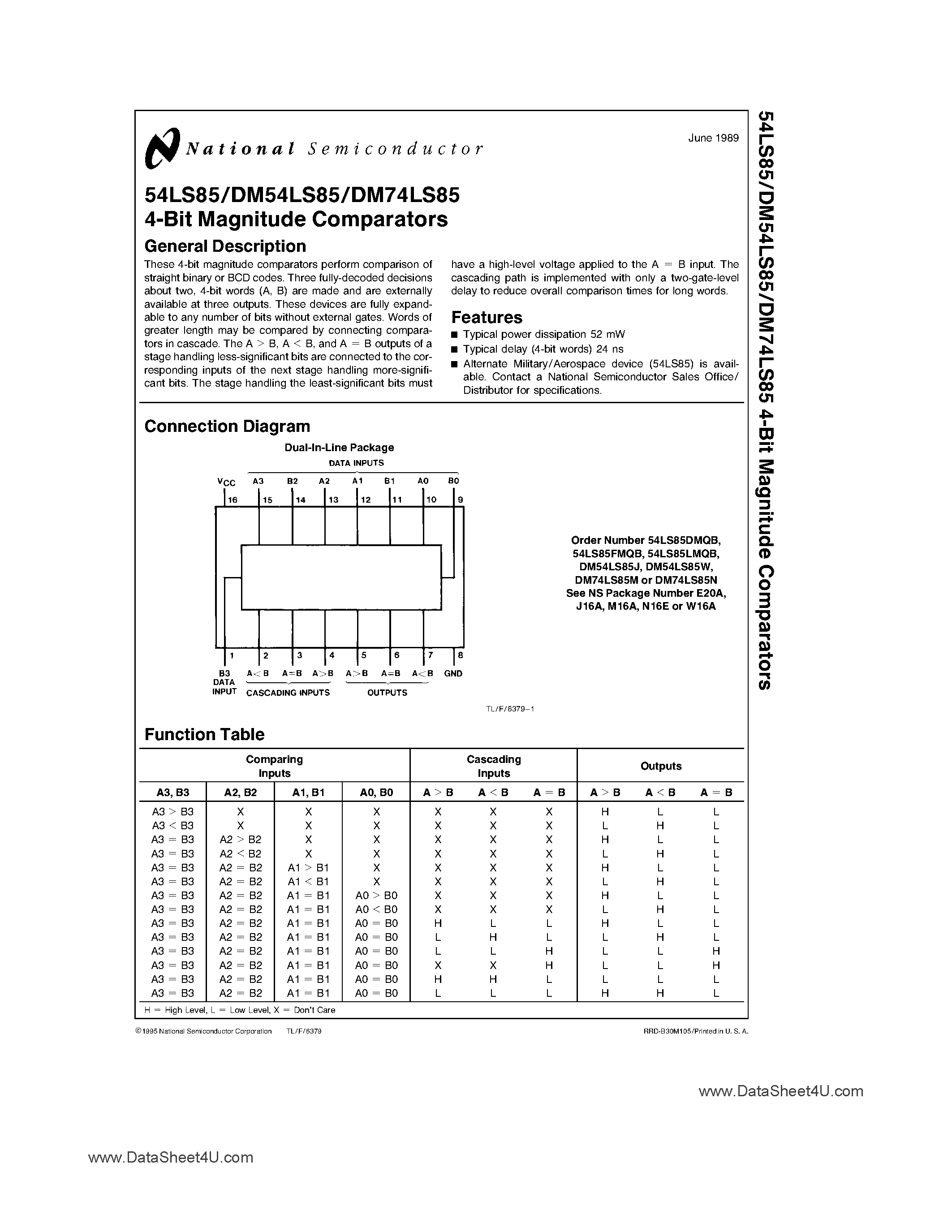Datasheet DM74LS85 - 4-Bit Magnitude Comparators page 1