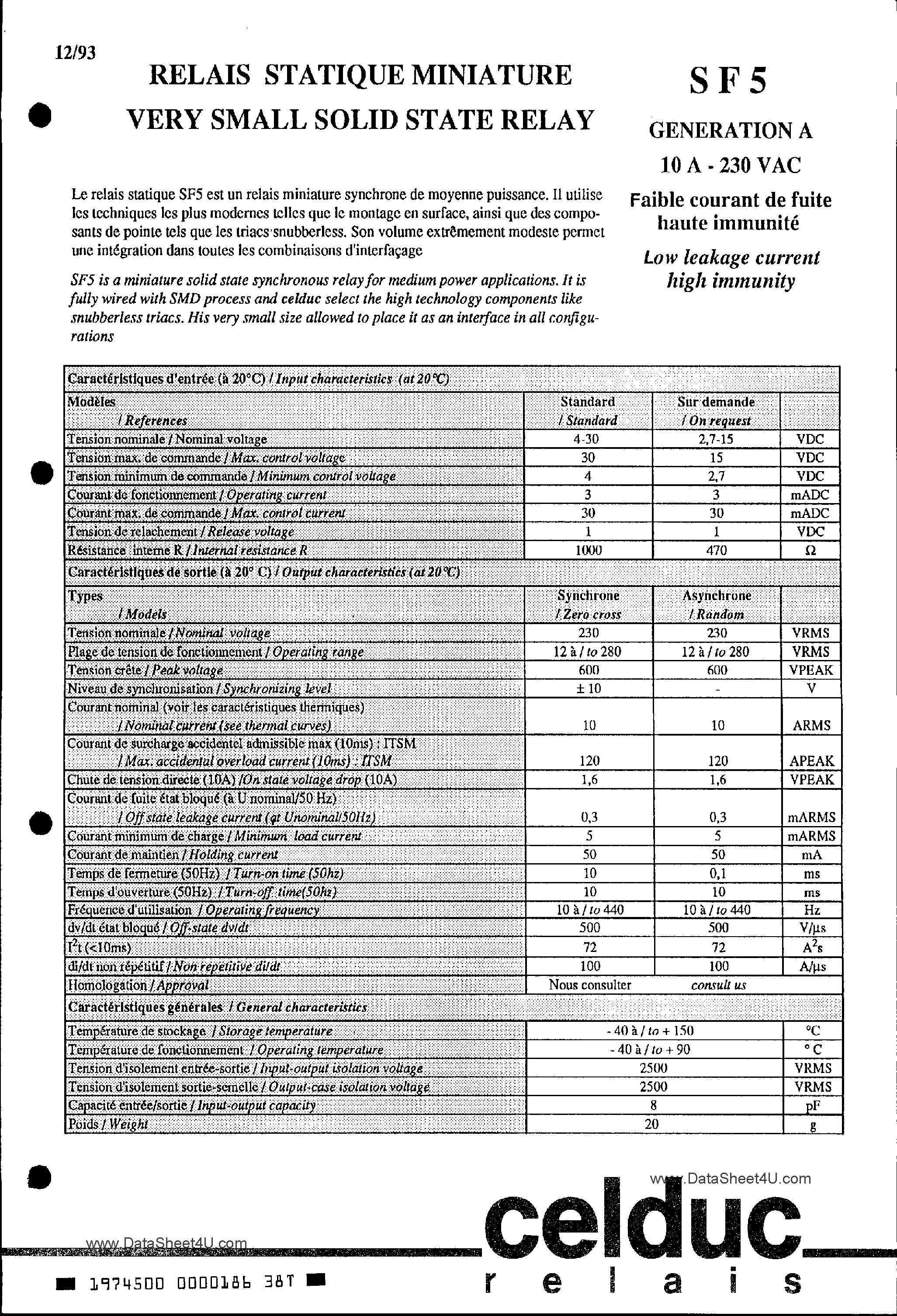 Datasheet SF541310A - (SF5 Series) Relais Statique Miniature Very Small Soild State Relay page 1