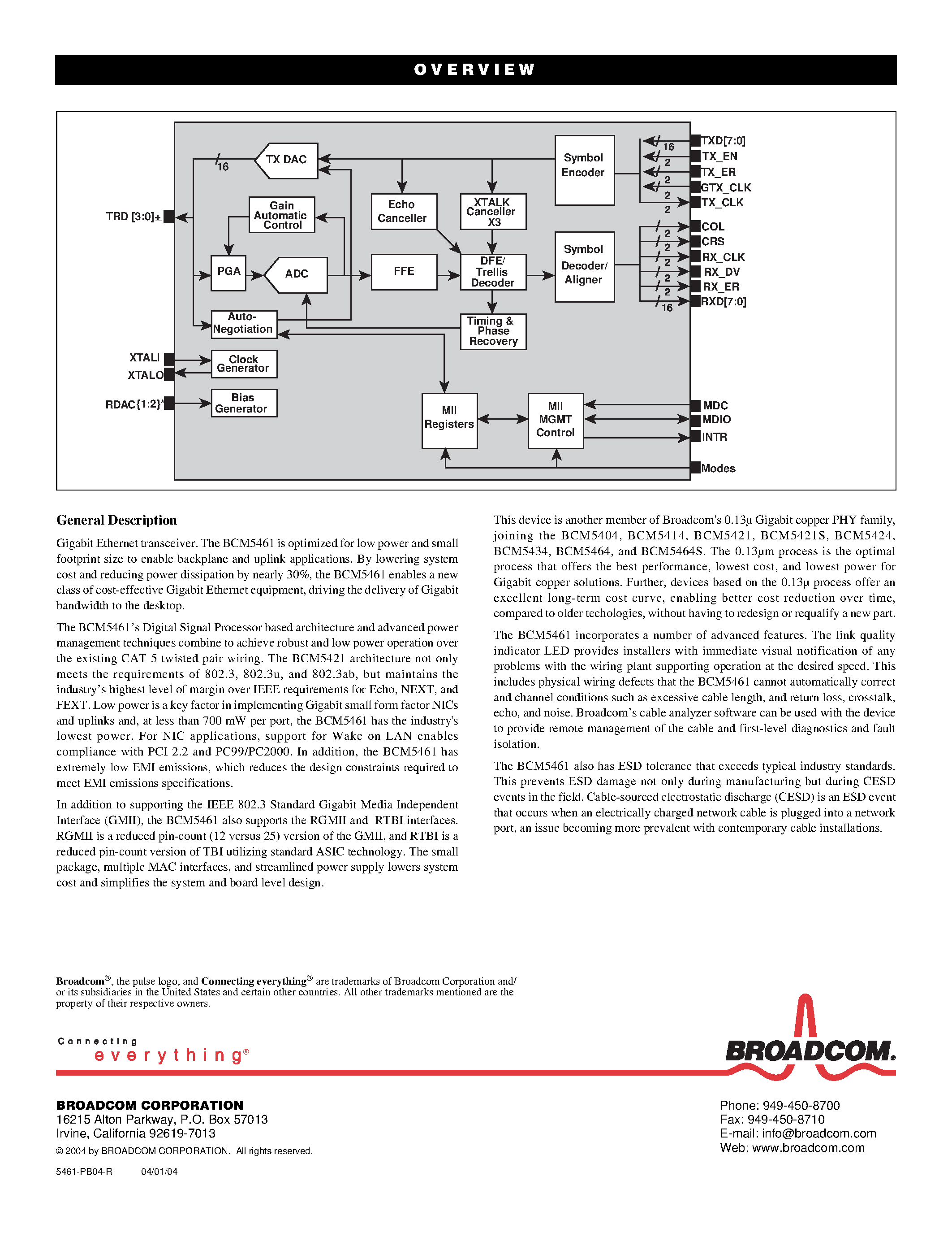 Datasheet BCM5461 page 2 Datasheet BCM5461 - 10/100/1000 BASE T GIGABIT COPPER TRANSCEIVER page 2