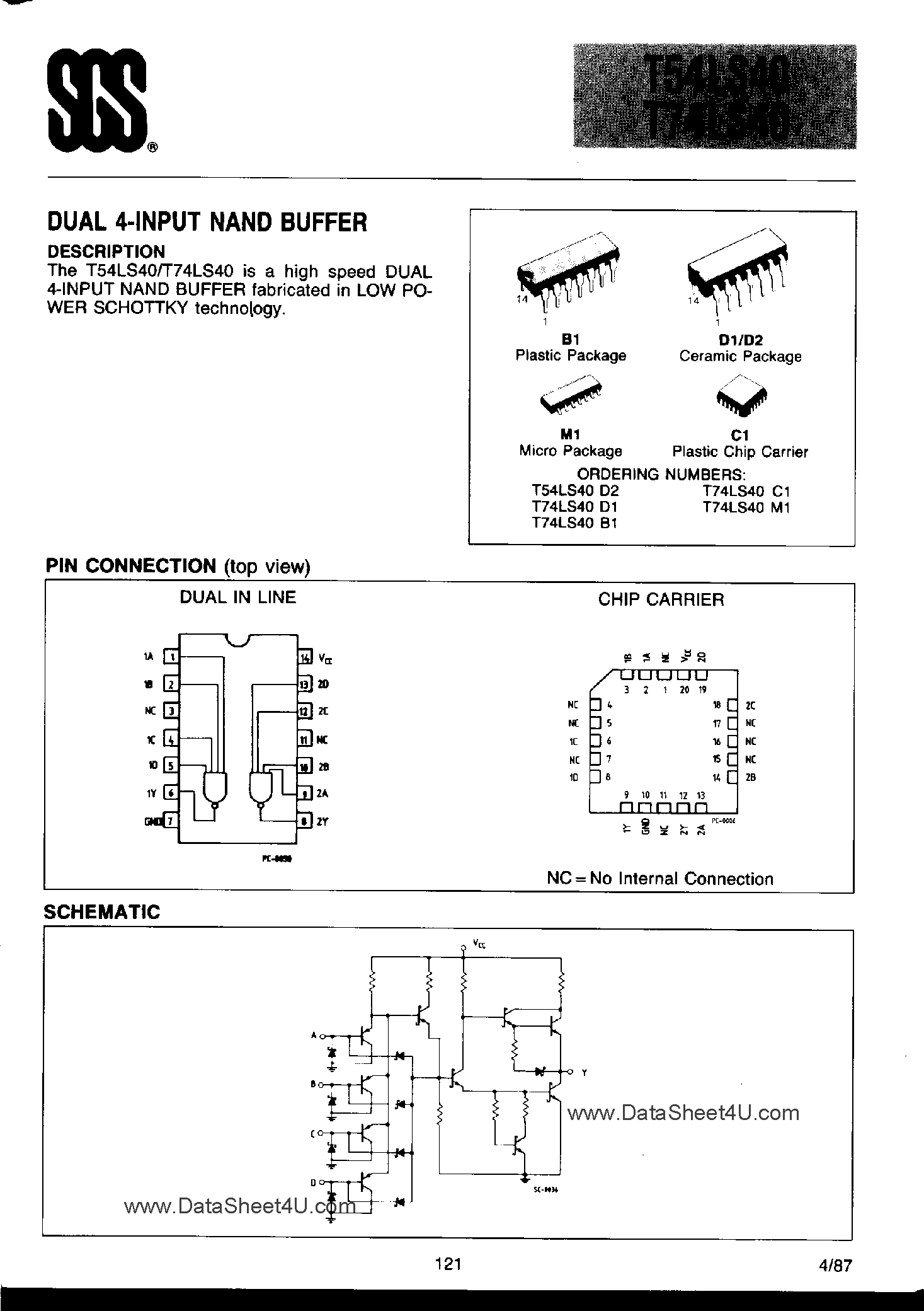 Datasheet T74LS40 - Dual 4-Input NAND Buffer page 1