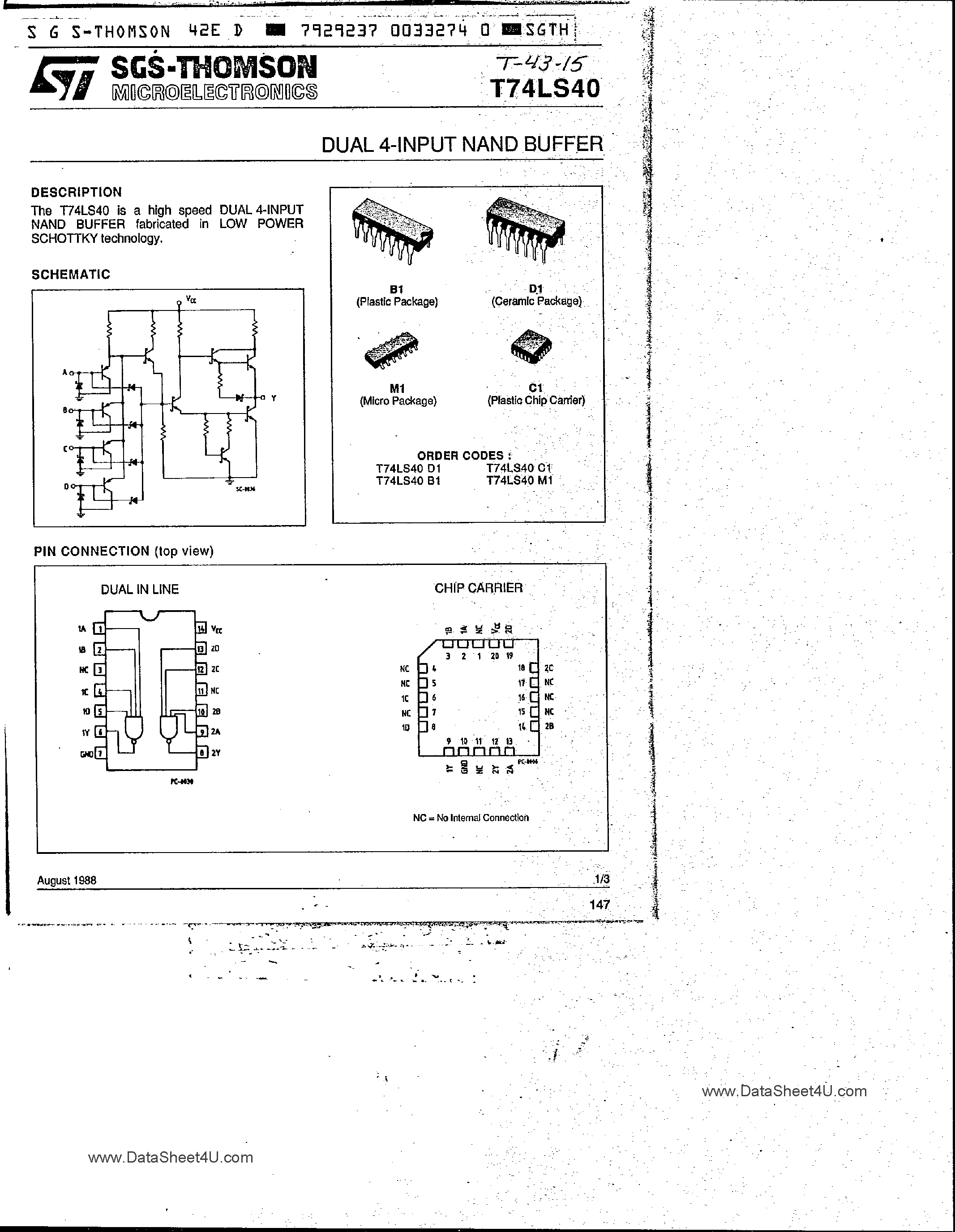 Datasheet T74LS40 - Dual 4-Input NAND Buffer page 1