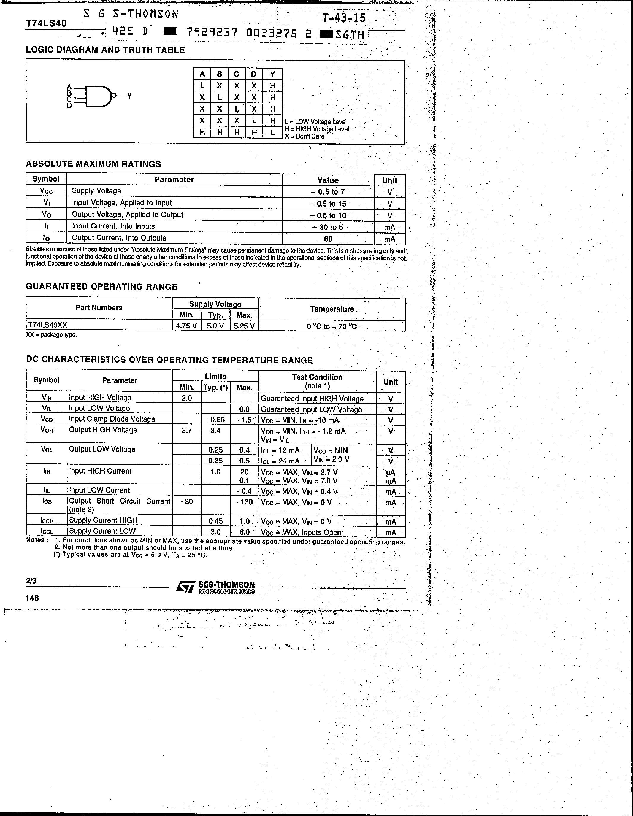 Datasheet T74LS40 - Dual 4-Input NAND Buffer page 2