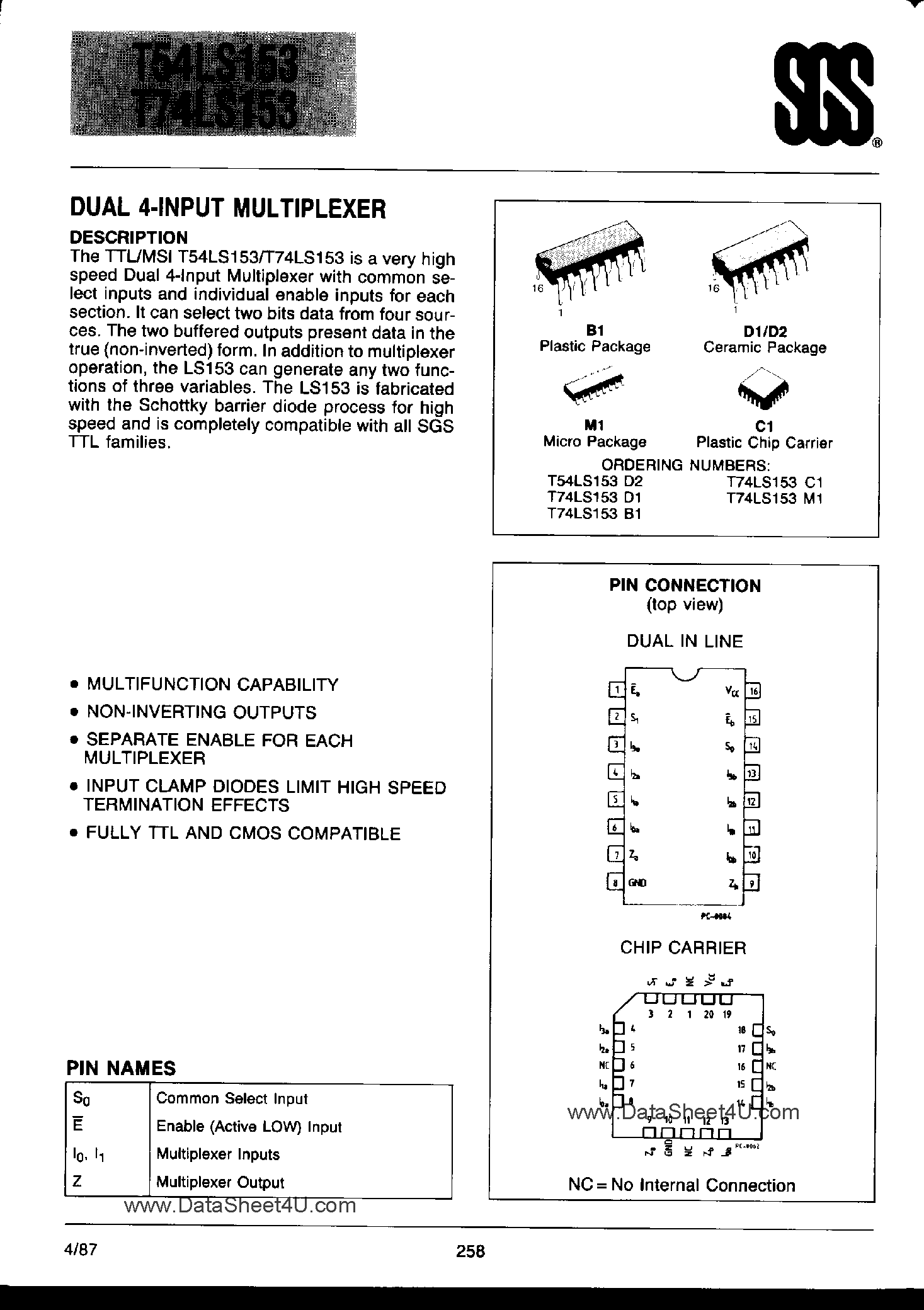 Datasheet T74LS153 - Dual 4-Input Multiplexer page 1