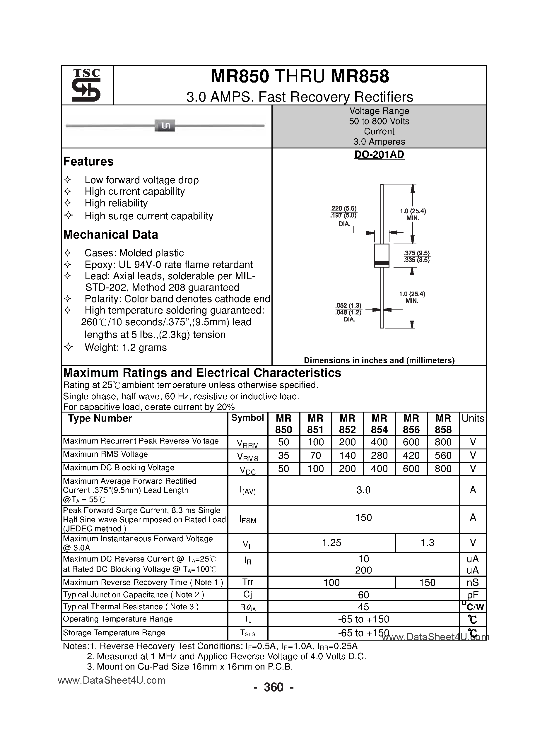 Datasheet MR850 - (MR850 - MR858) 2.0 Amps Fast Recovery Rectifiers page 1