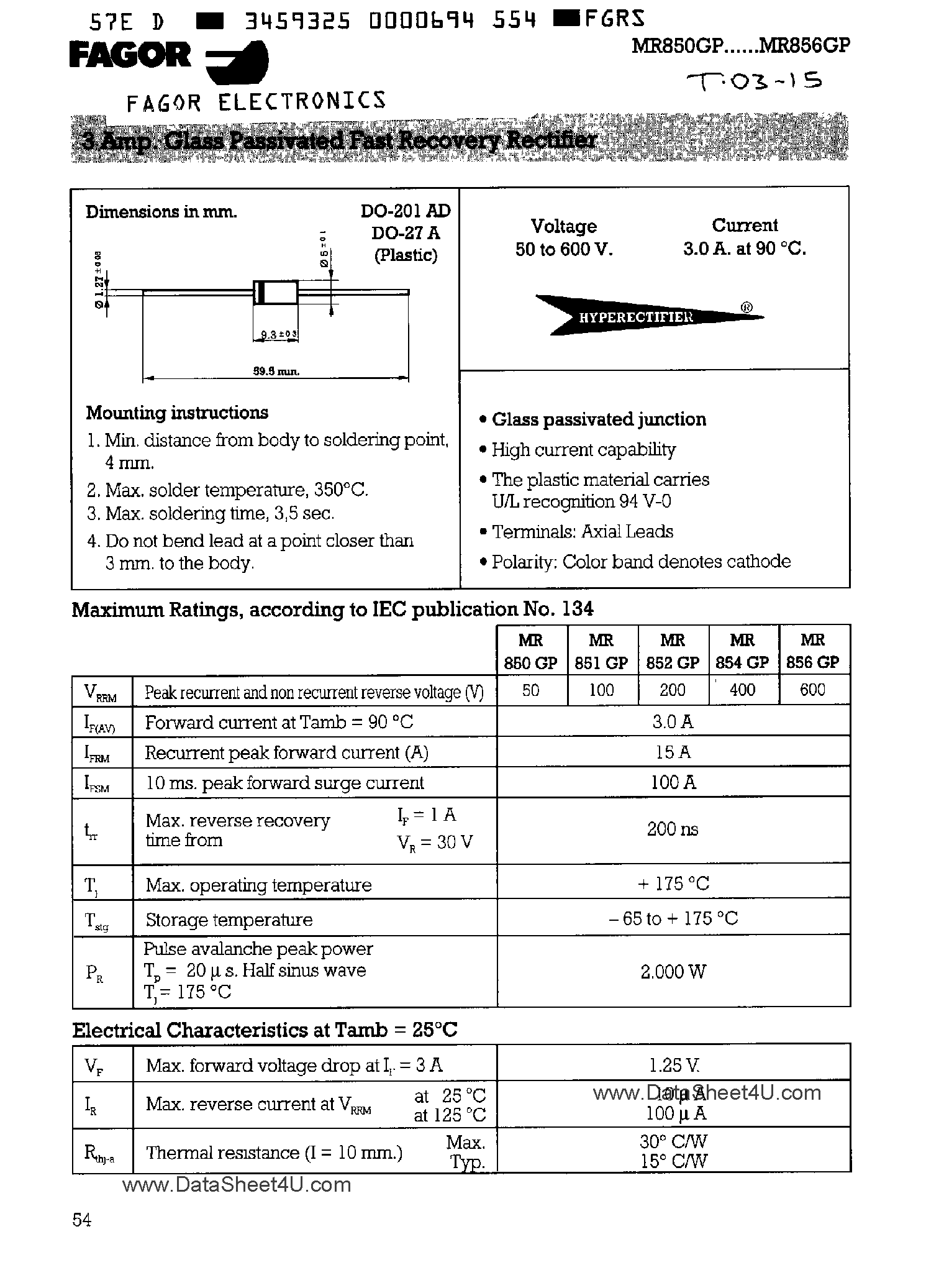 Datasheet MR850GP - (MR850GP - MR856GP) 3 Amo Glass Passivated Fast Recovery Rectifier page 1