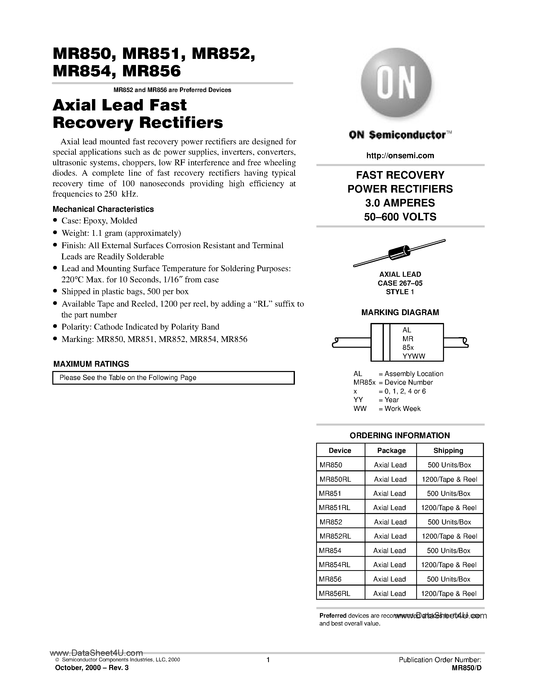 Datasheet MR850 page 1 Datasheet MR850 - (MR850 - MR856) Axial Lead Fast Recovery Rectifiers page 1