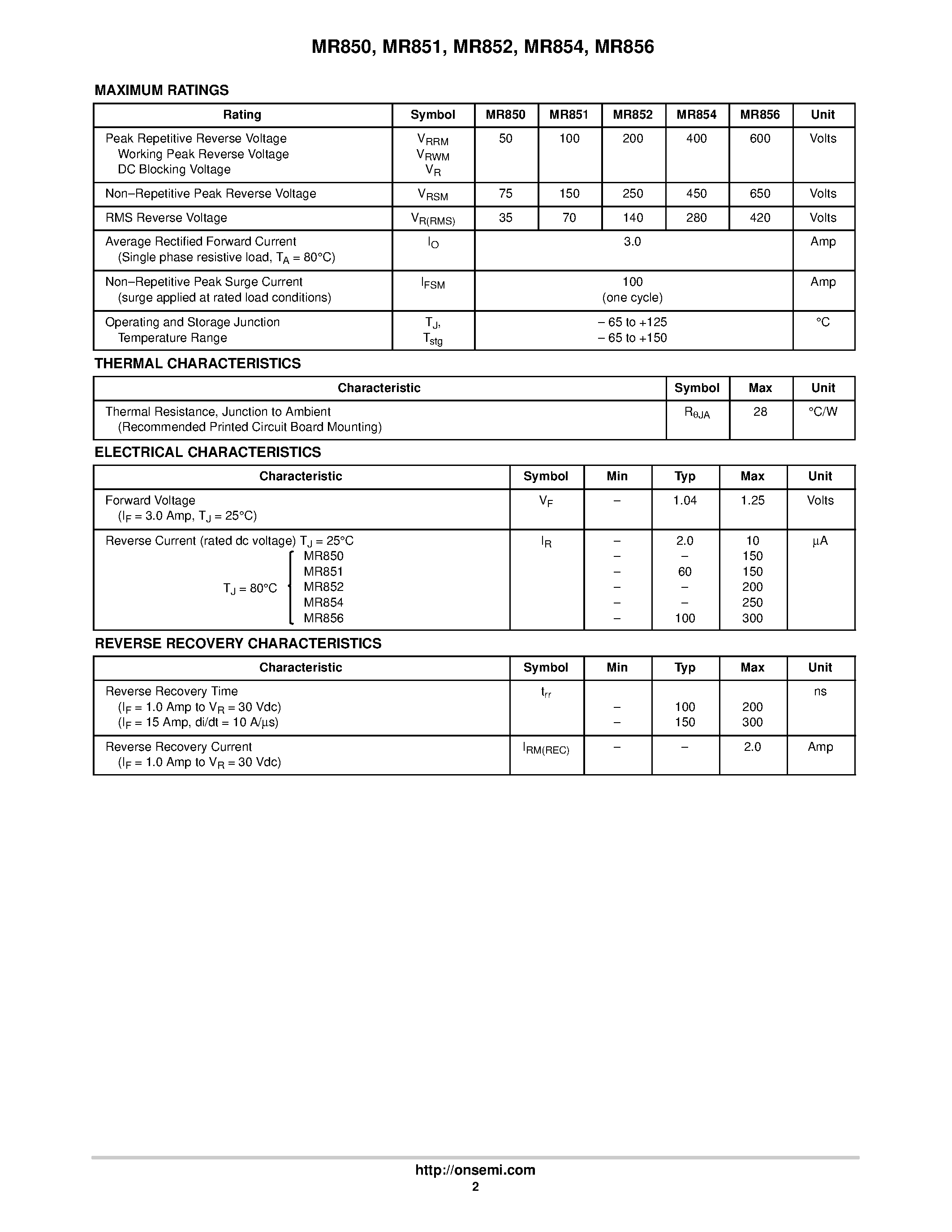 Datasheet MR850 page 2 Datasheet MR850 - (MR850 - MR856) Axial Lead Fast Recovery Rectifiers page 2