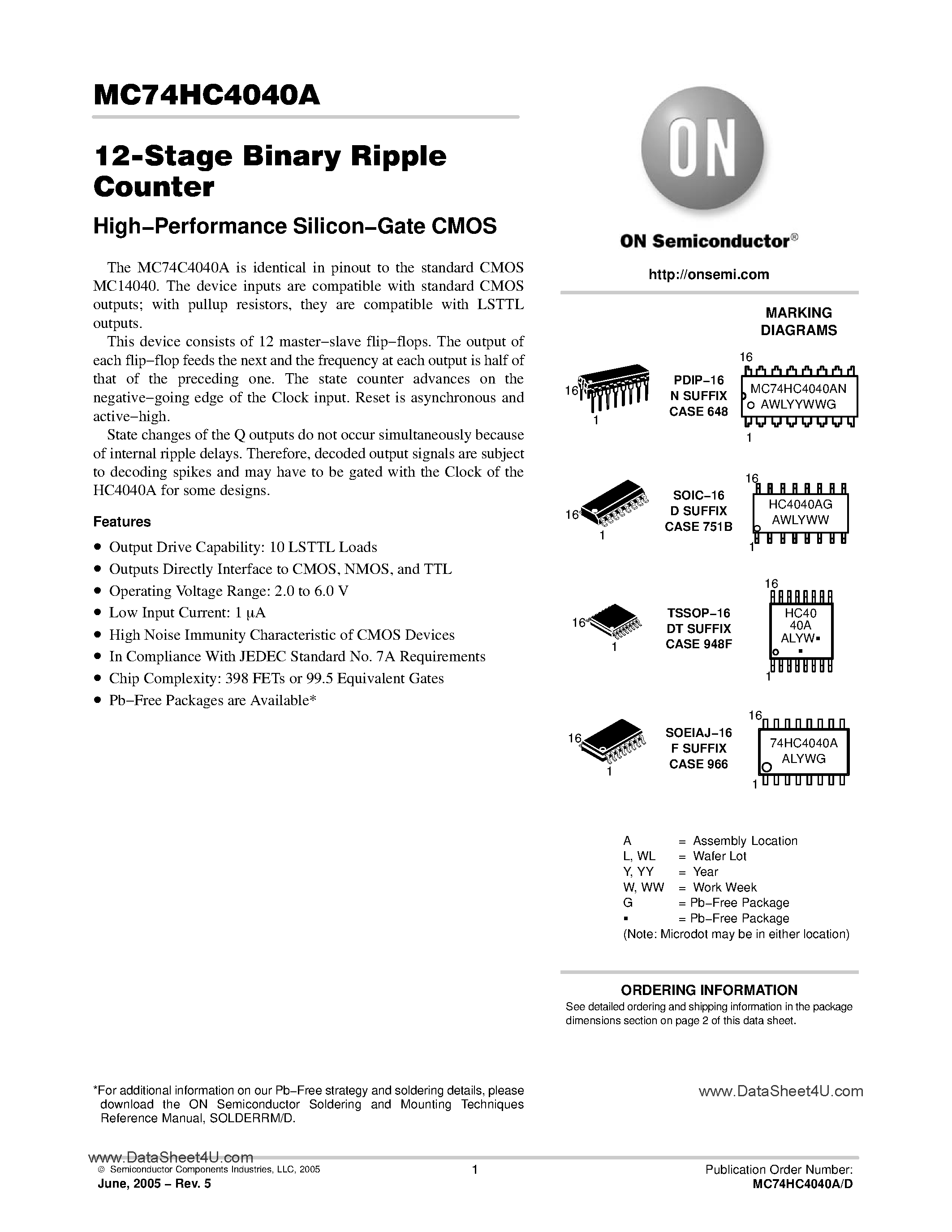 Даташит MC74HC4040A - 12-Stage Binary Ripple Counter страница 1