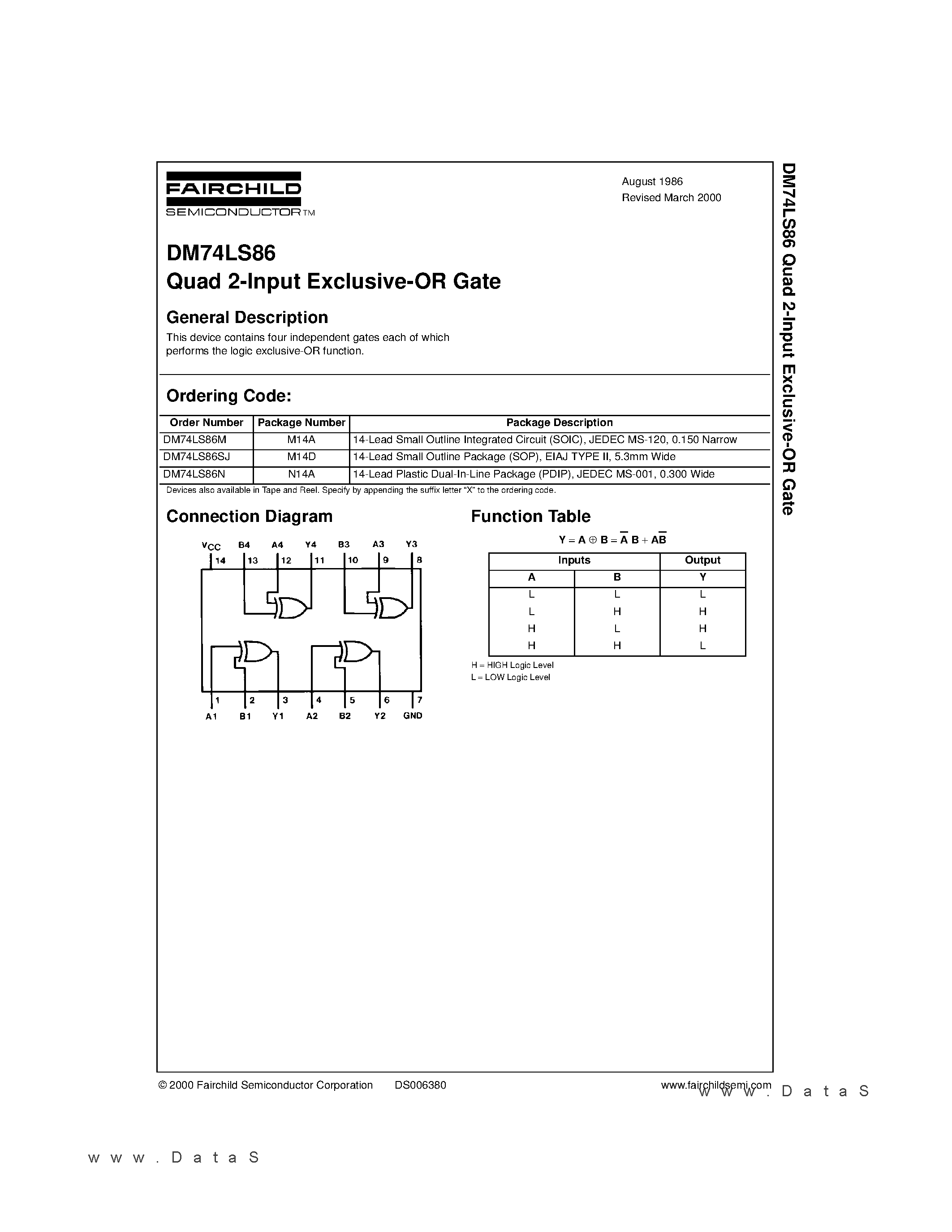 Datasheet DM74LS86 page 1 Datasheet DM74LS86 - Quad 2-Input Exclusive-OR Gate page 1