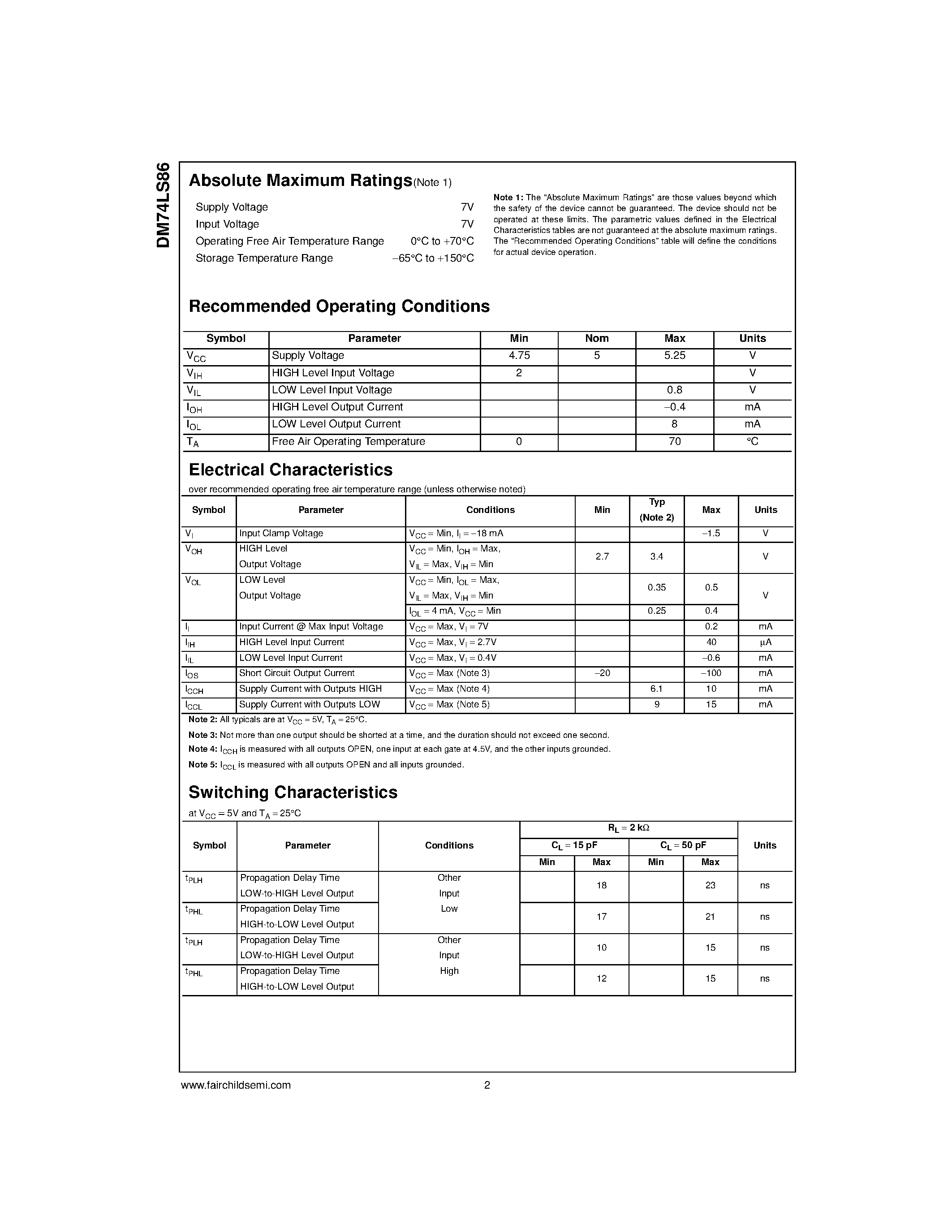 Datasheet DM74LS86 page 2 Datasheet DM74LS86 - Quad 2-Input Exclusive-OR Gate page 2
