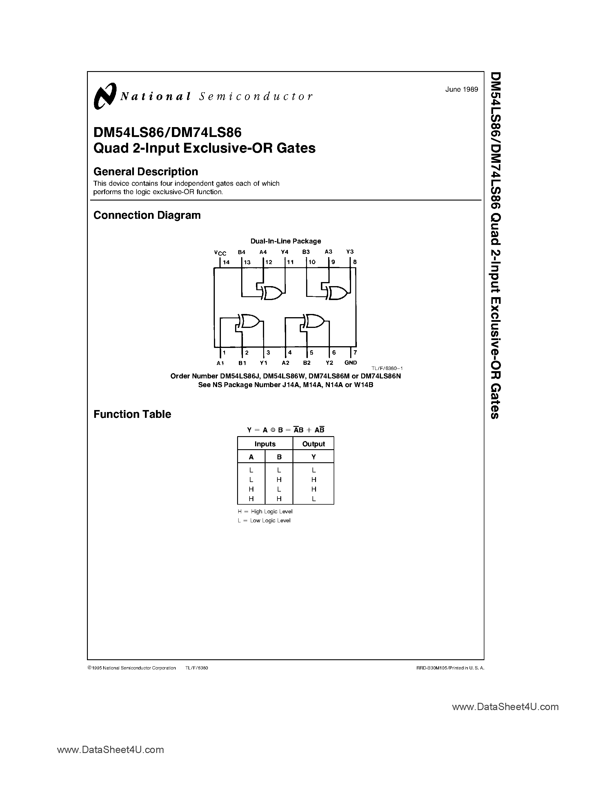 Datasheet DM74LS86 page 1 Datasheet DM74LS86 - Quad 2-Input Exclusive-OR Gates page 1