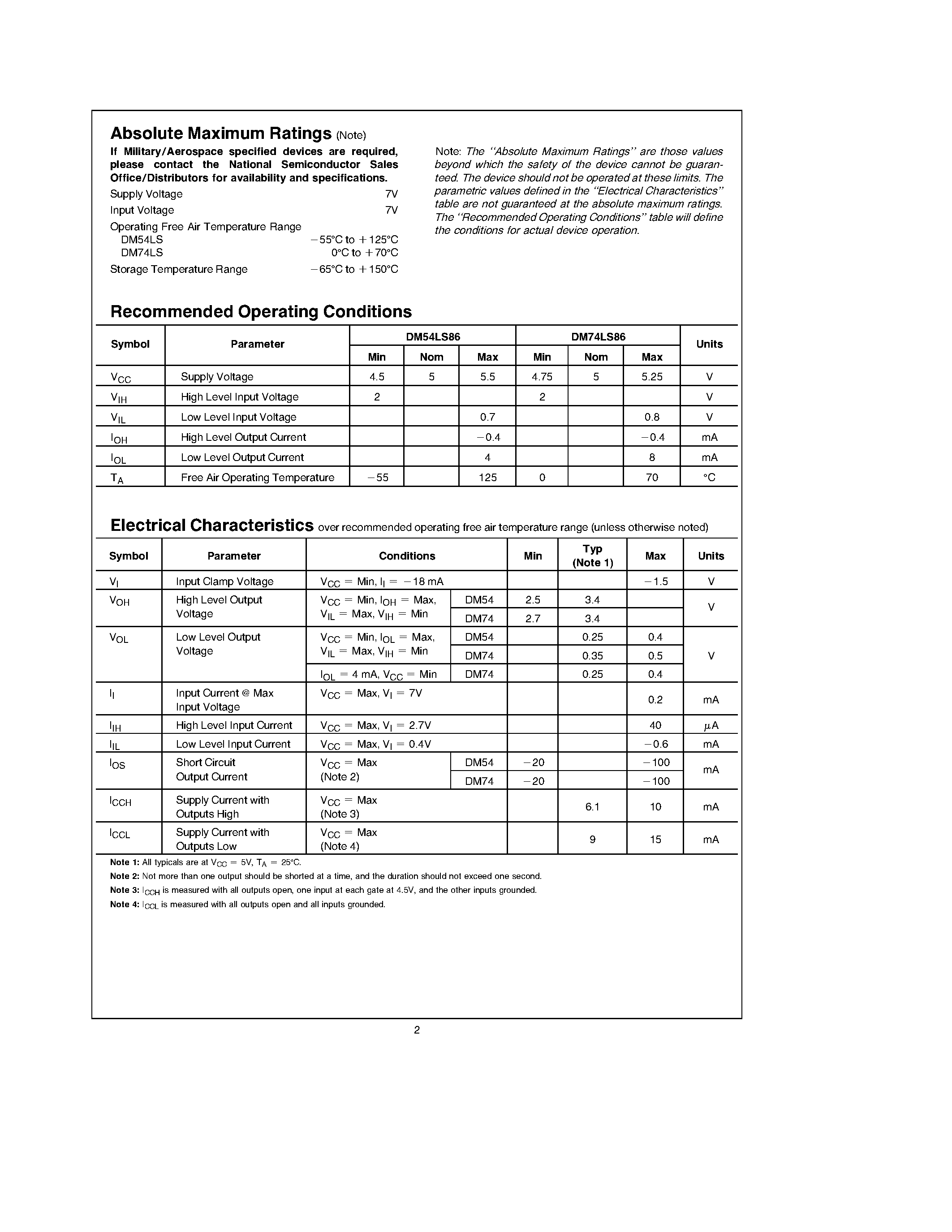 Datasheet DM74LS86 page 2 Datasheet DM74LS86 - Quad 2-Input Exclusive-OR Gates page 2