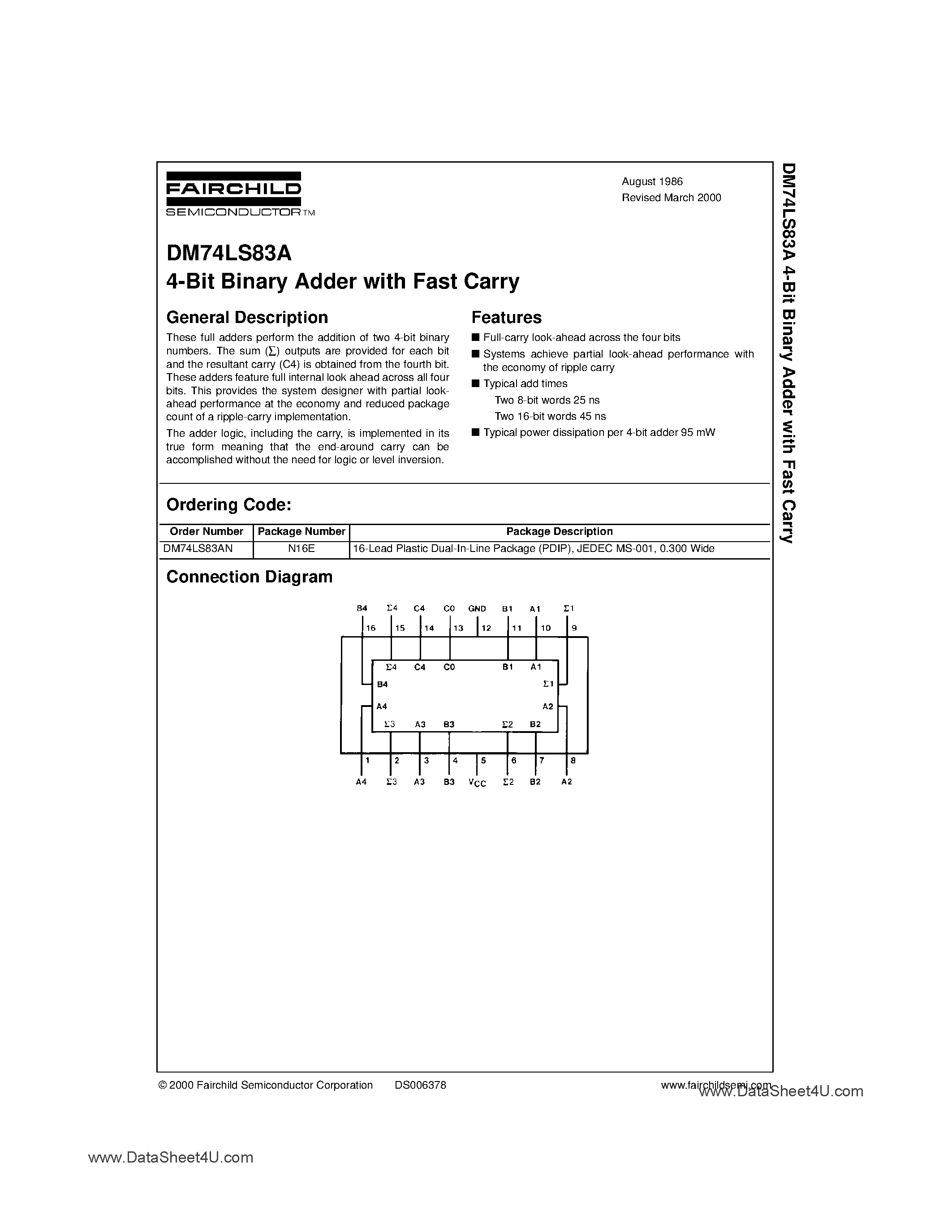 Datasheet DM74LS83A page 1 Datasheet DM74LS83A - 4-Bit Binary Adder with Fast Carry page 1
