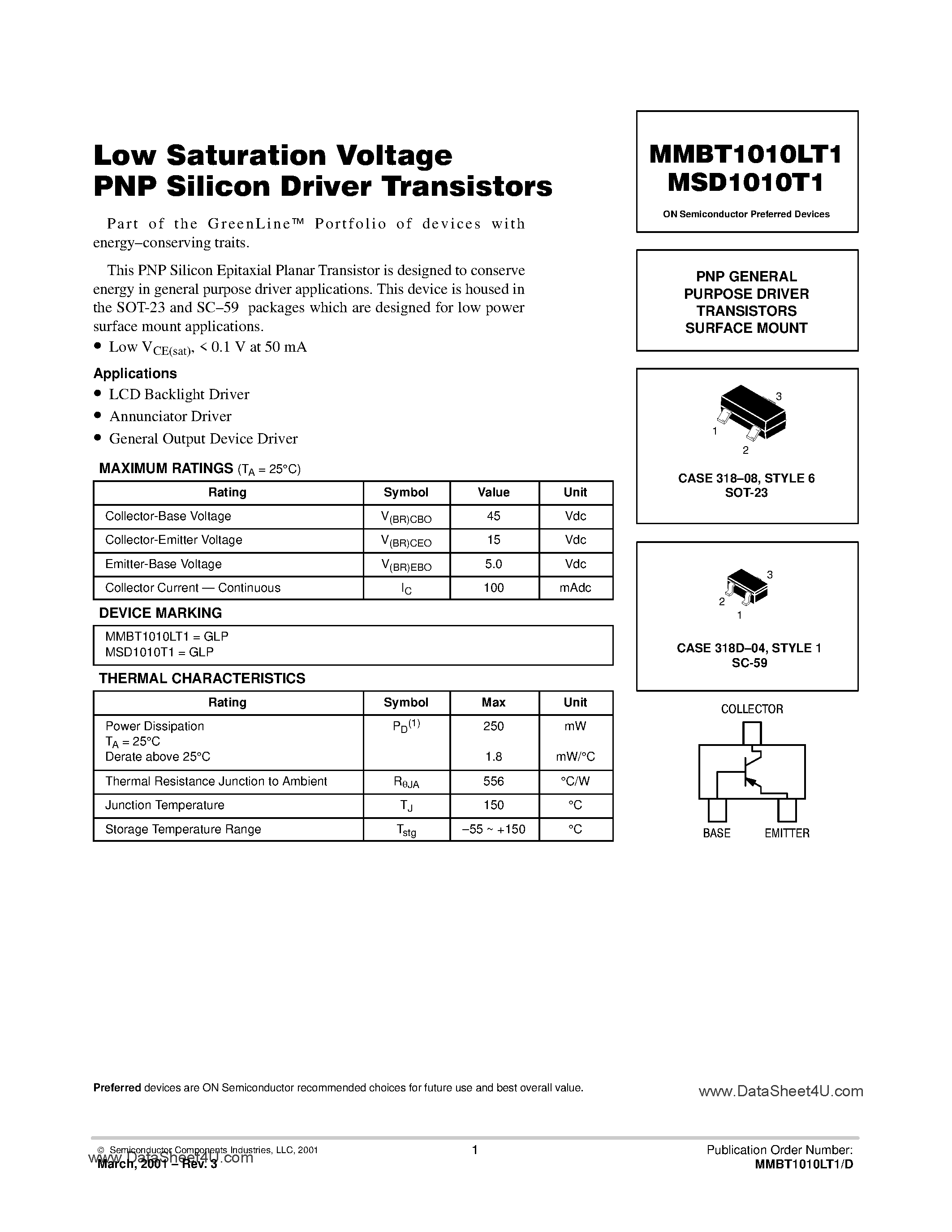 Datasheet MSD1010T1 - Low Saturation Volgate PNP Silicon Driver Transistors page 1