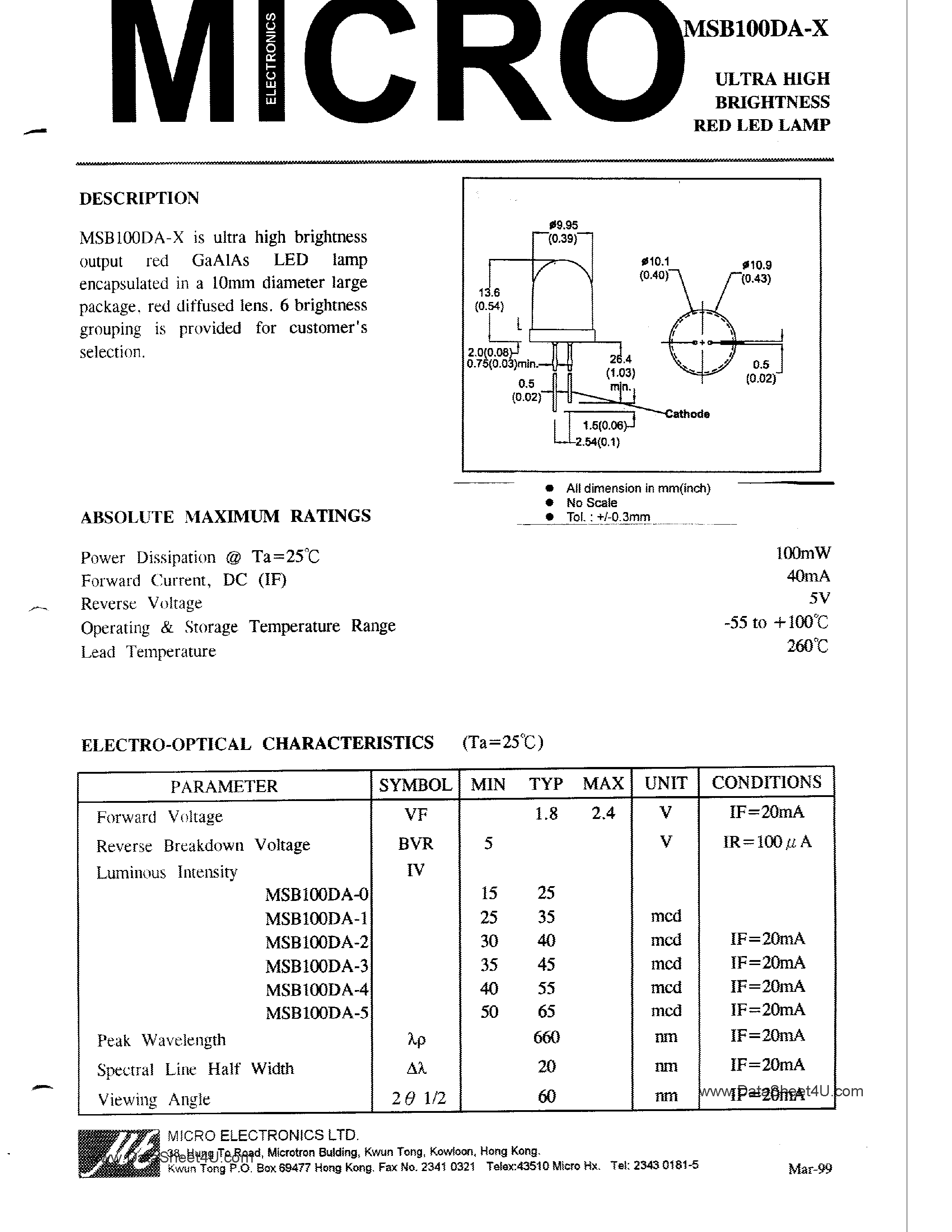 Datasheet MSD100DA-X page 1 Datasheet MSD100DA-X - Ultra High Brightness Red Led Lamp page 1