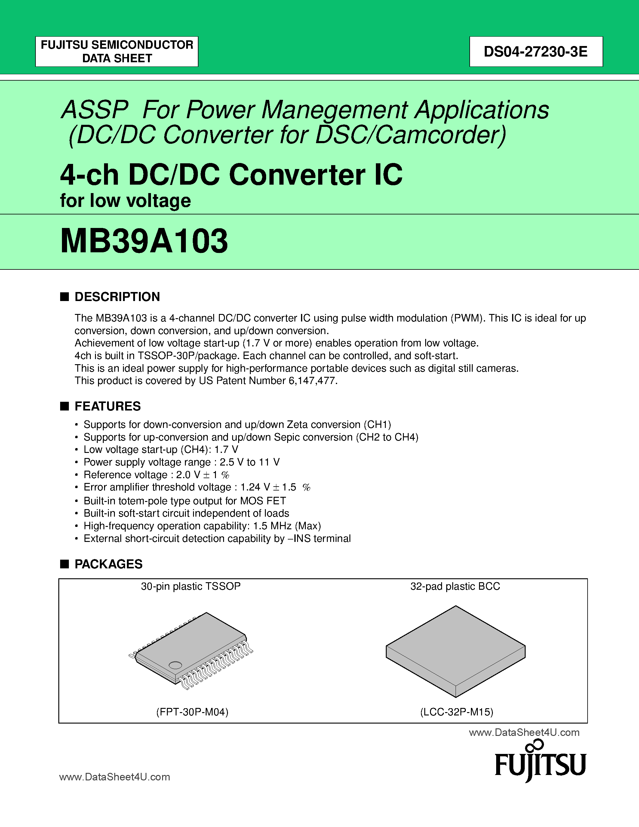 Datasheet MB39A103 - 4-Channel DC/DC Converter IC page 1