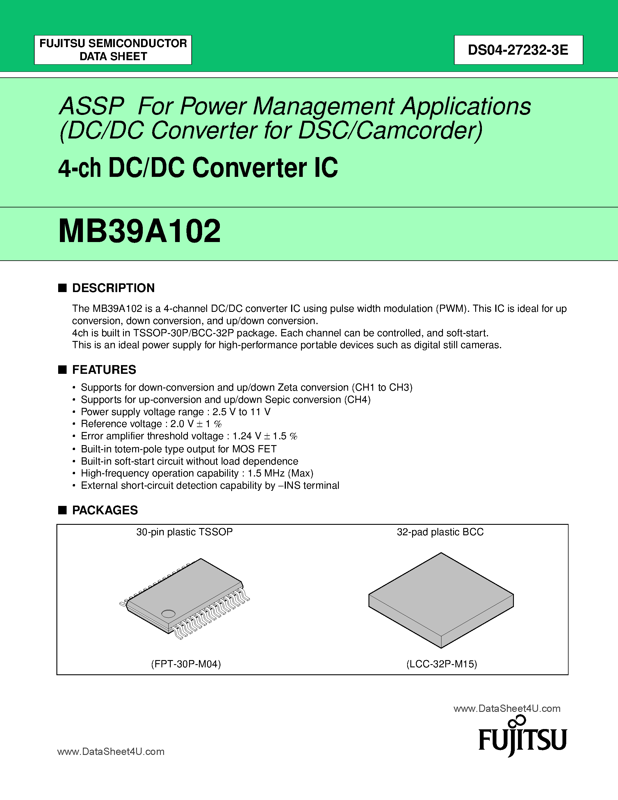 Datasheet MB39A102 - 4-Channel DC/DC Converter IC page 1