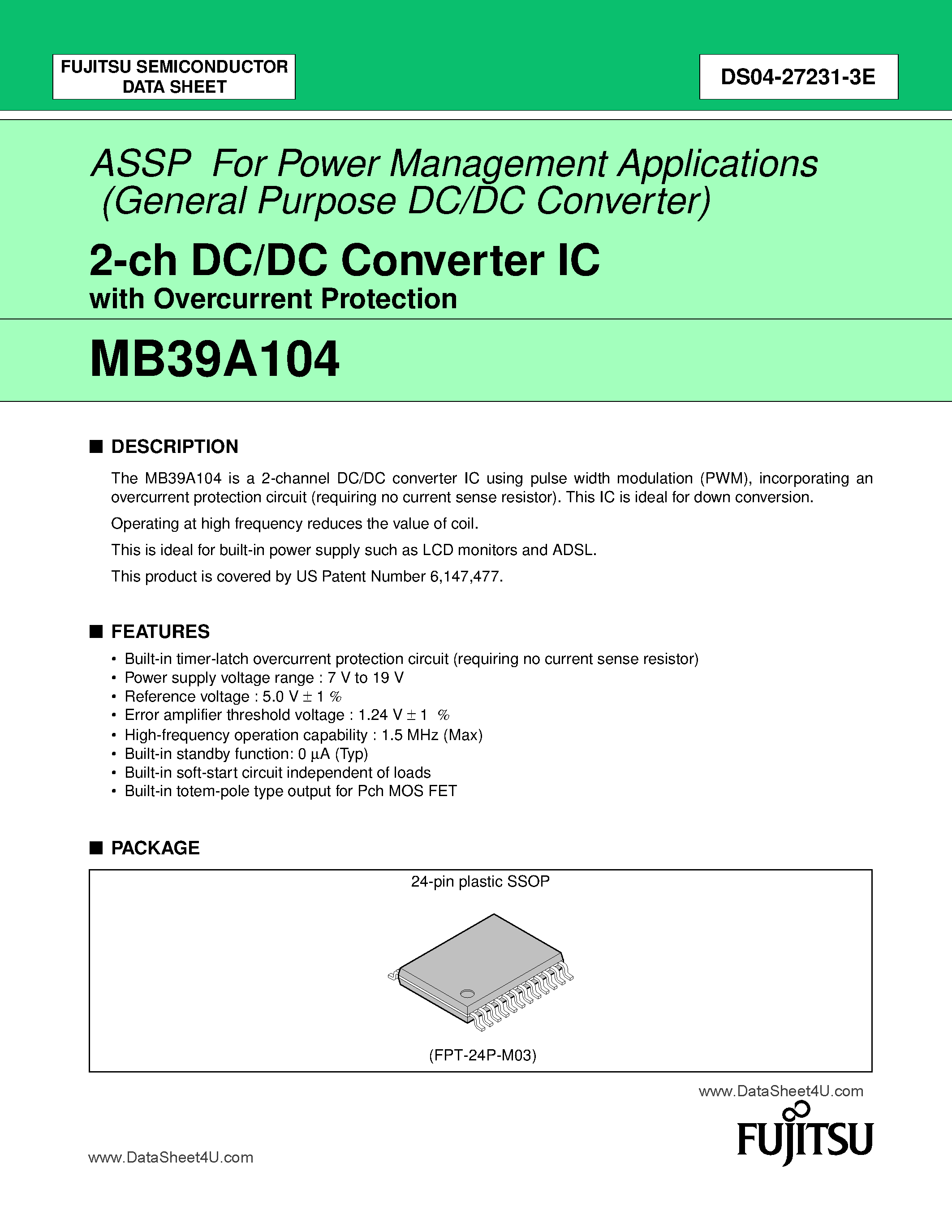 Datasheet MB39A104 - 2-Channel DC/DC Converter IC page 1