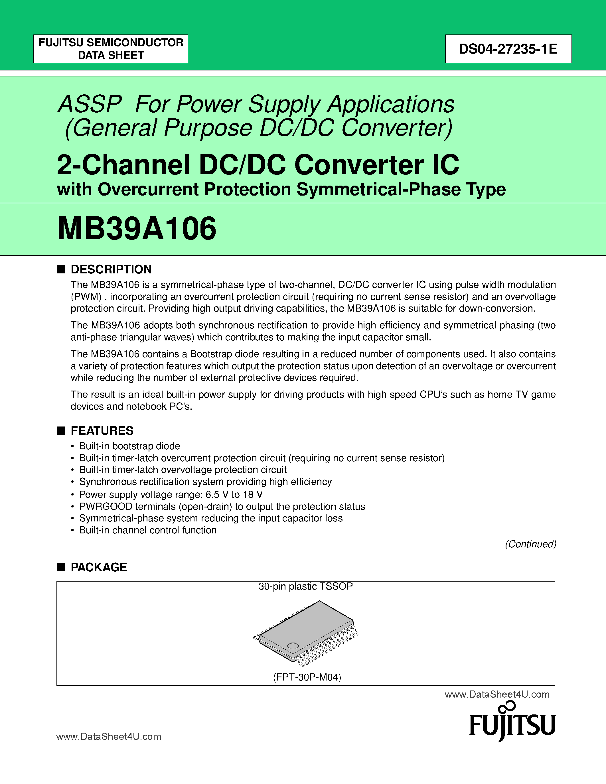 Datasheet MB39A106 - 2-Channel DC/DC Converter IC page 1