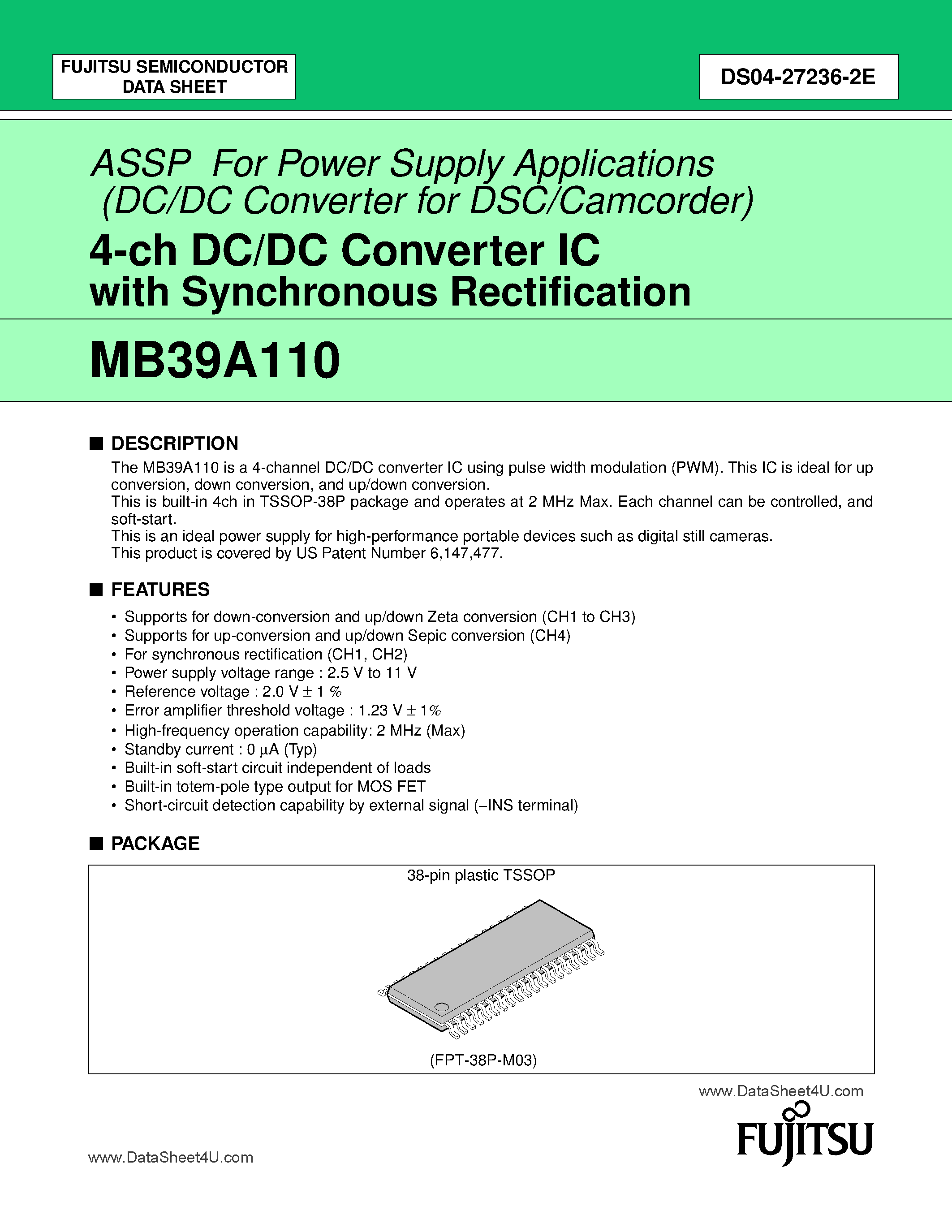 Datasheet MB39A110 - 4-Channel DC/DC Converter IC page 1