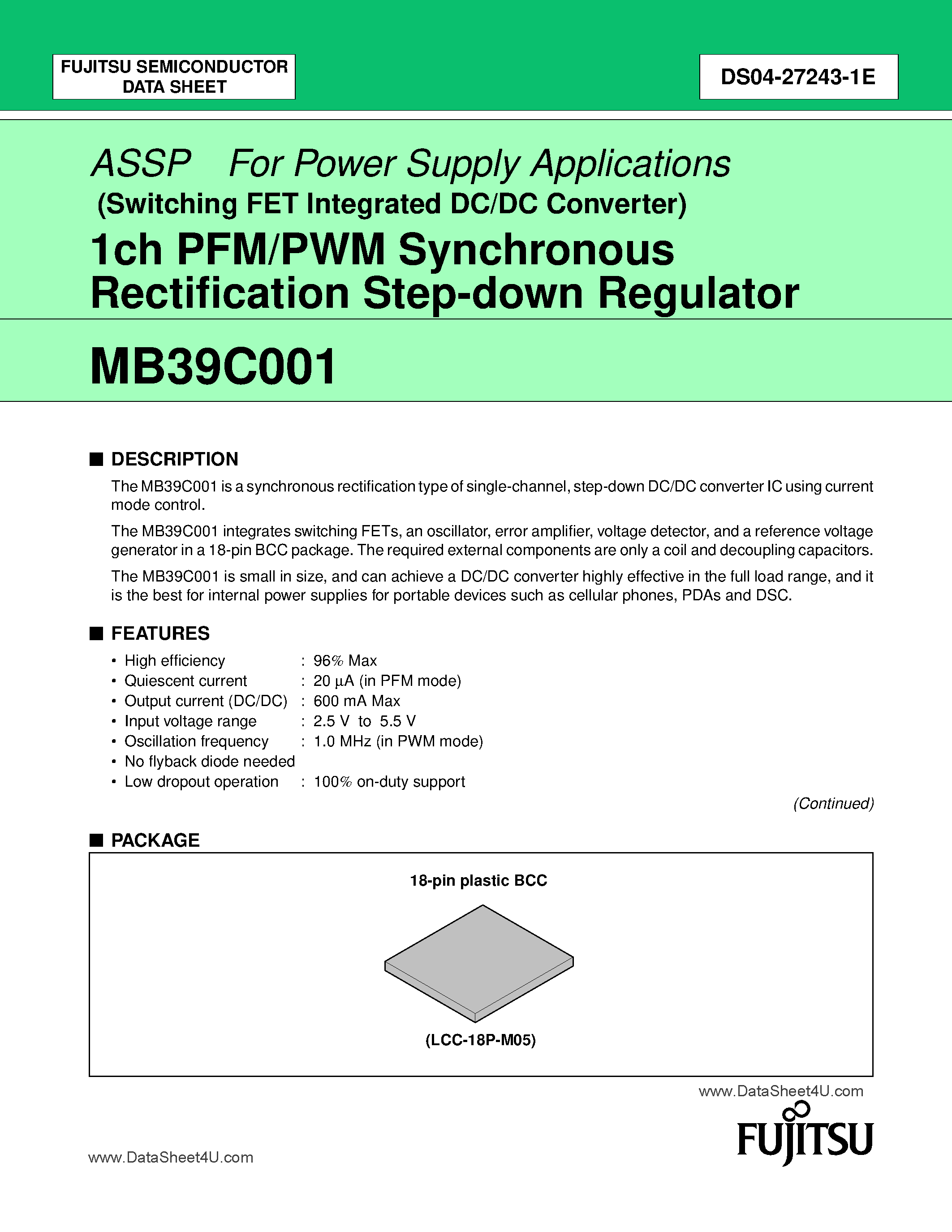 Datasheet MB39C001 - 1-Channel PFM/PWM Synchronous Rectification Step Down Regulator page 1