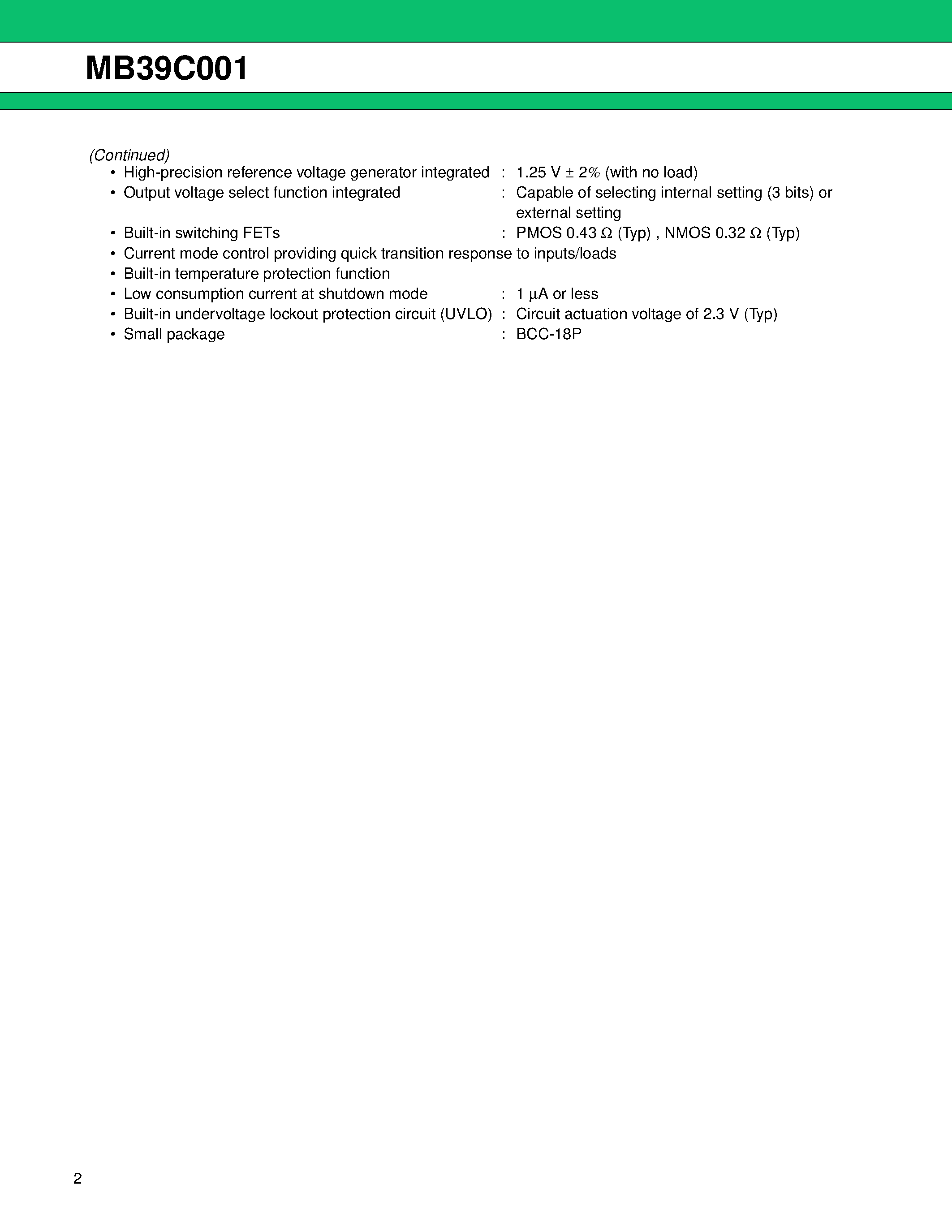 Datasheet MB39C001 - 1-Channel PFM/PWM Synchronous Rectification Step Down Regulator page 2